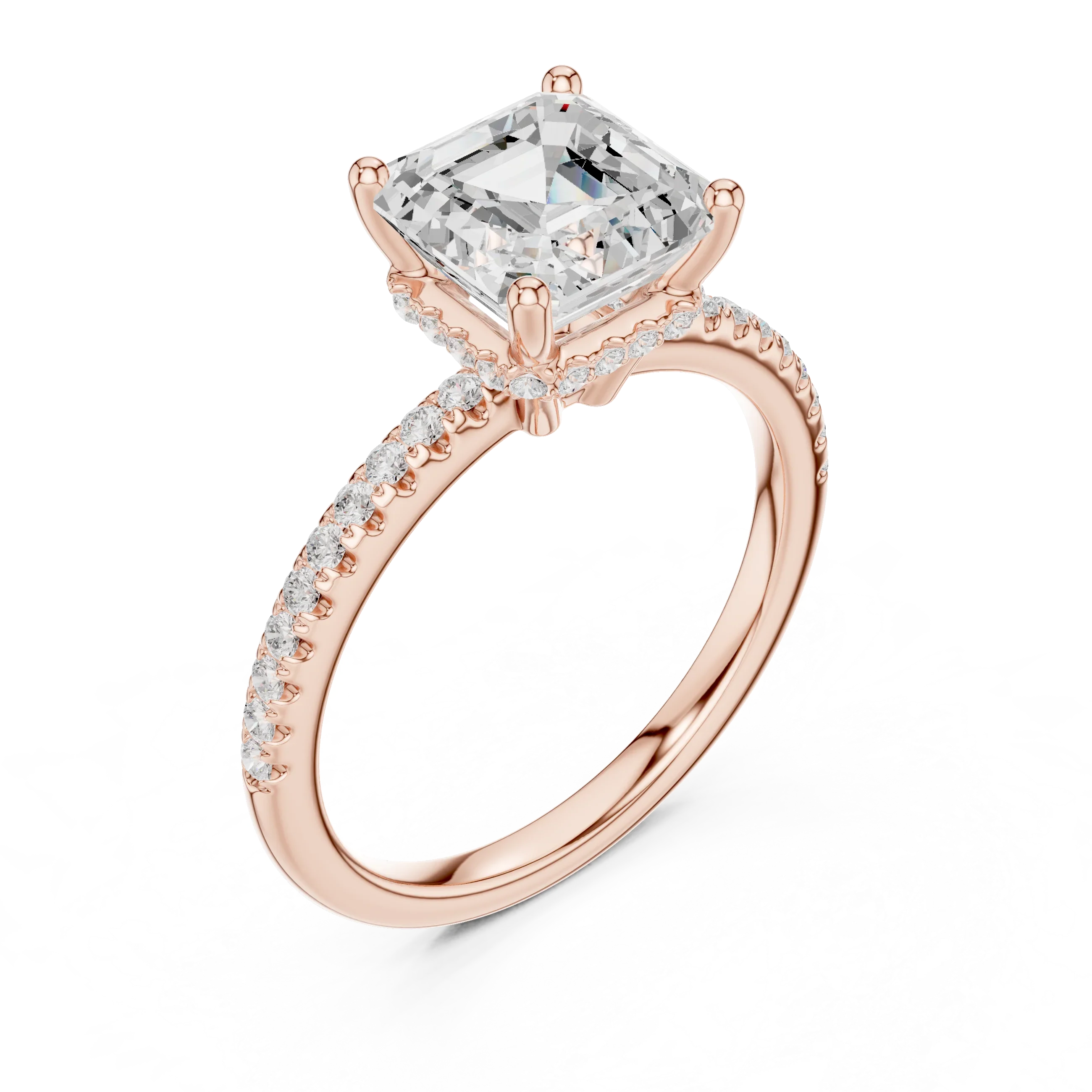 Hidden Halo Asscher Cut Diamond Engagement Ring With Pave Band