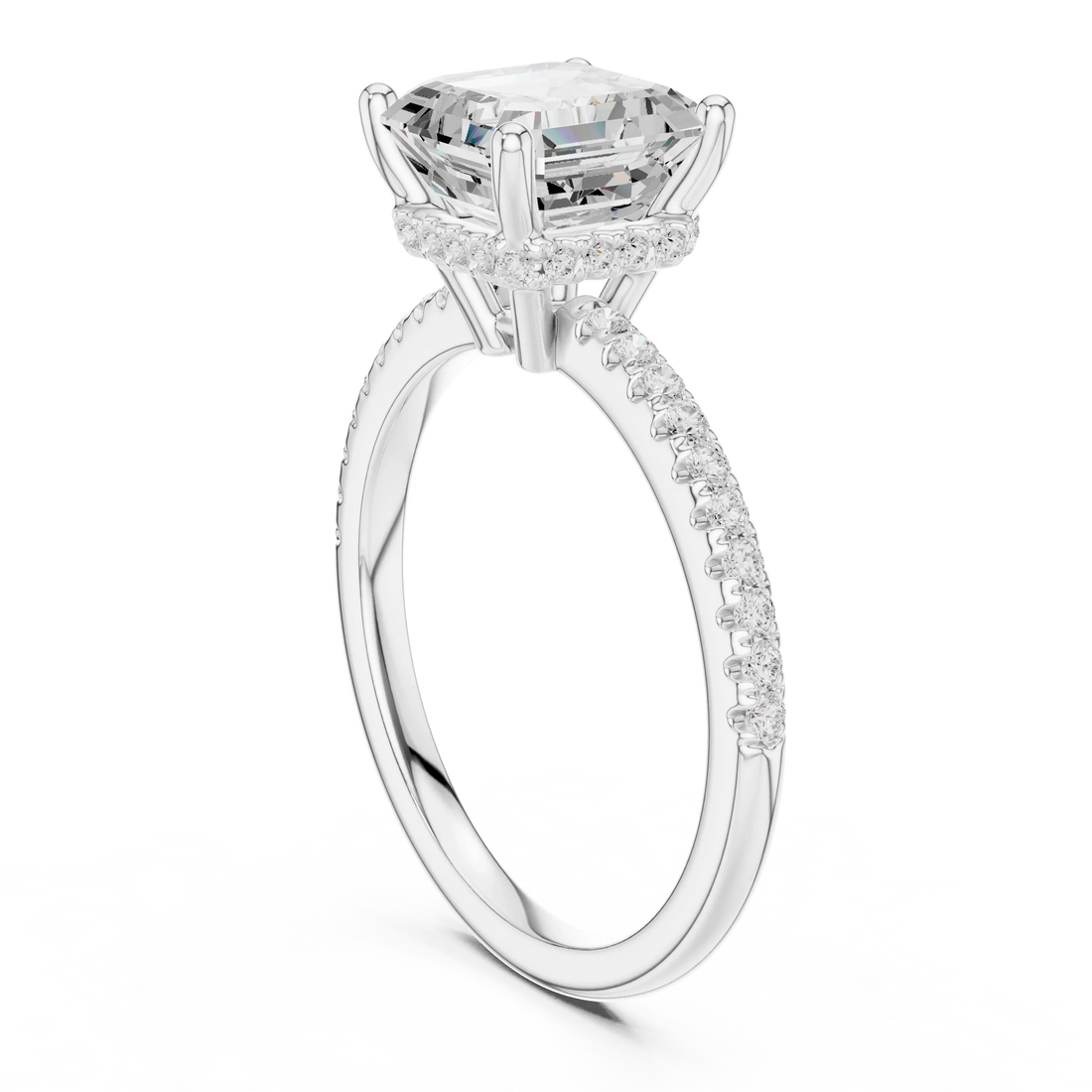 Hidden Halo Asscher Cut Diamond Engagement Ring With Pave Band