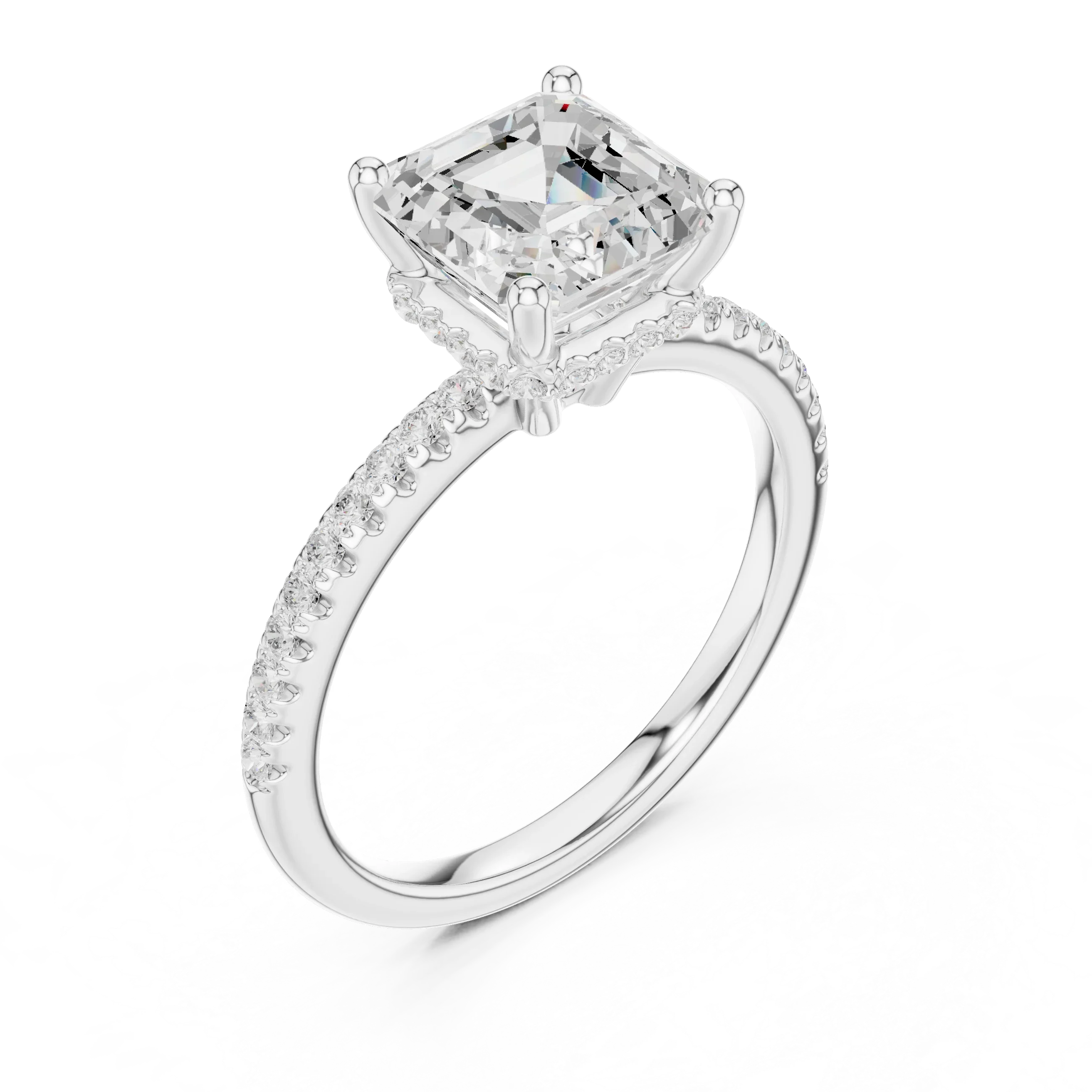 Hidden Halo Asscher Cut Diamond Engagement Ring With Pave Band