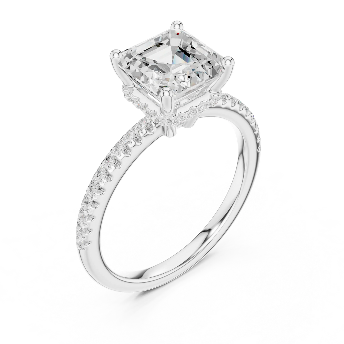 Hidden Halo Asscher Cut Diamond Engagement Ring With Pave Band