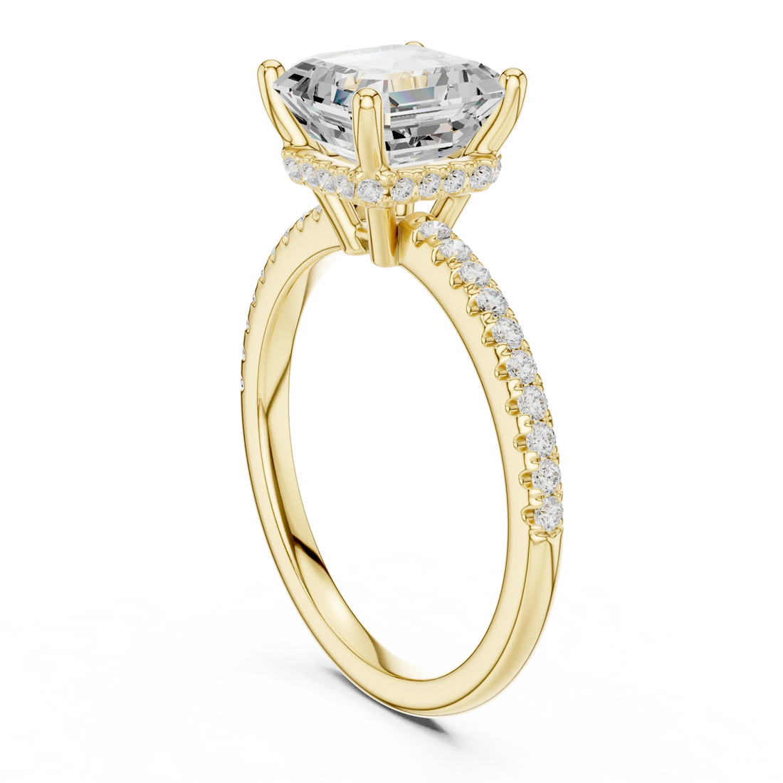 Hidden Halo Asscher Cut Diamond Engagement Ring With Pave Band