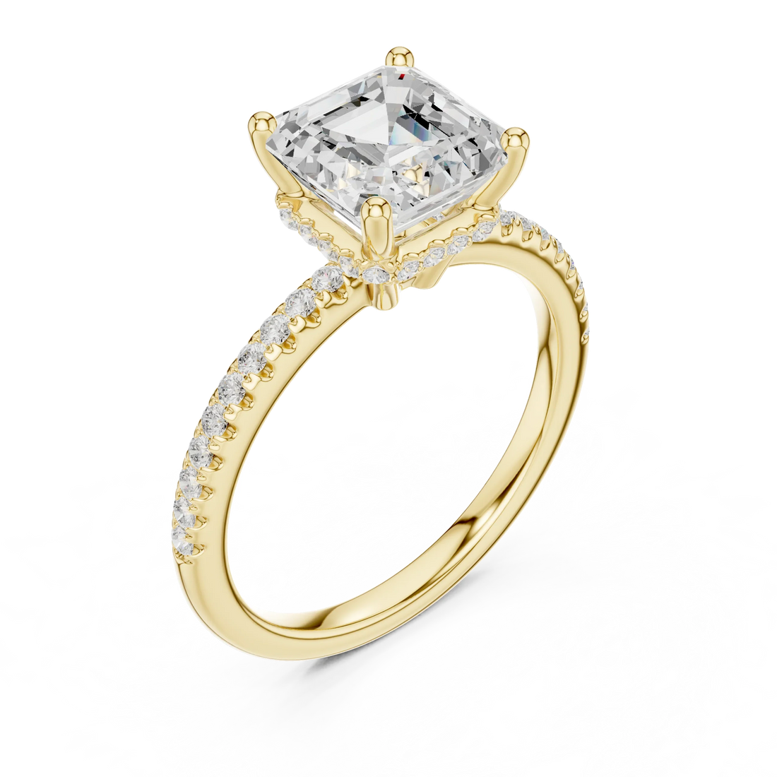 Hidden Halo Asscher Cut Diamond Engagement Ring With Pave Band