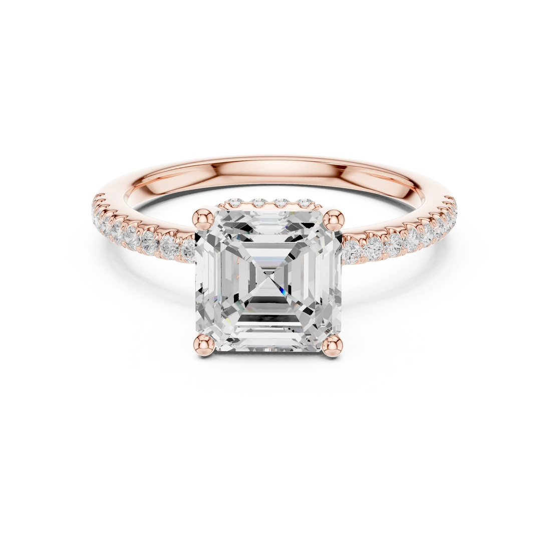 Hidden Halo Asscher Cut Diamond Engagement Ring With Pave Band