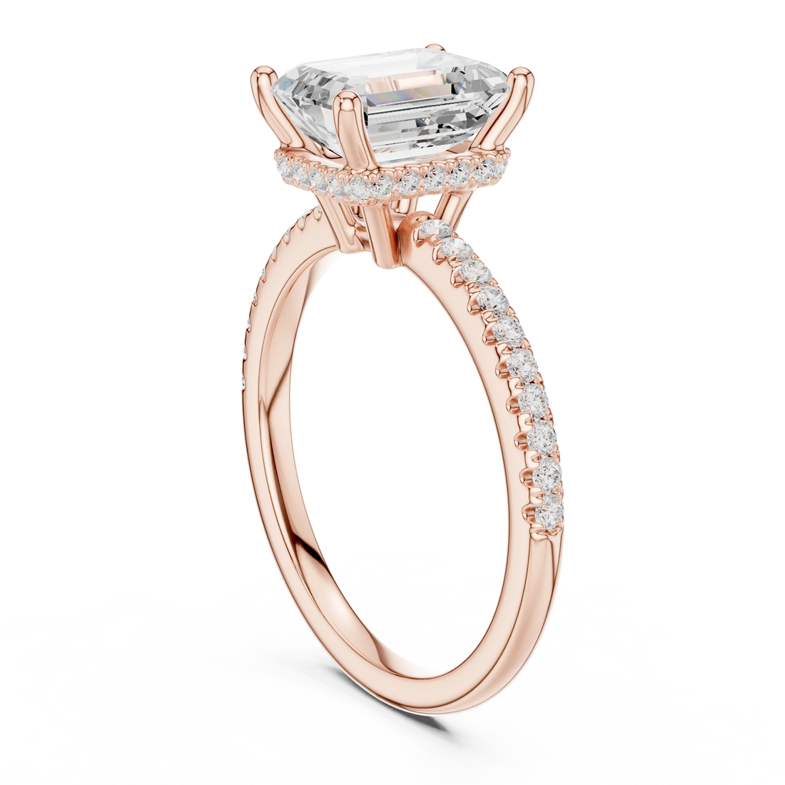 Hidden Halo Emerald Cut Diamond Engagement Ring With Pave Band