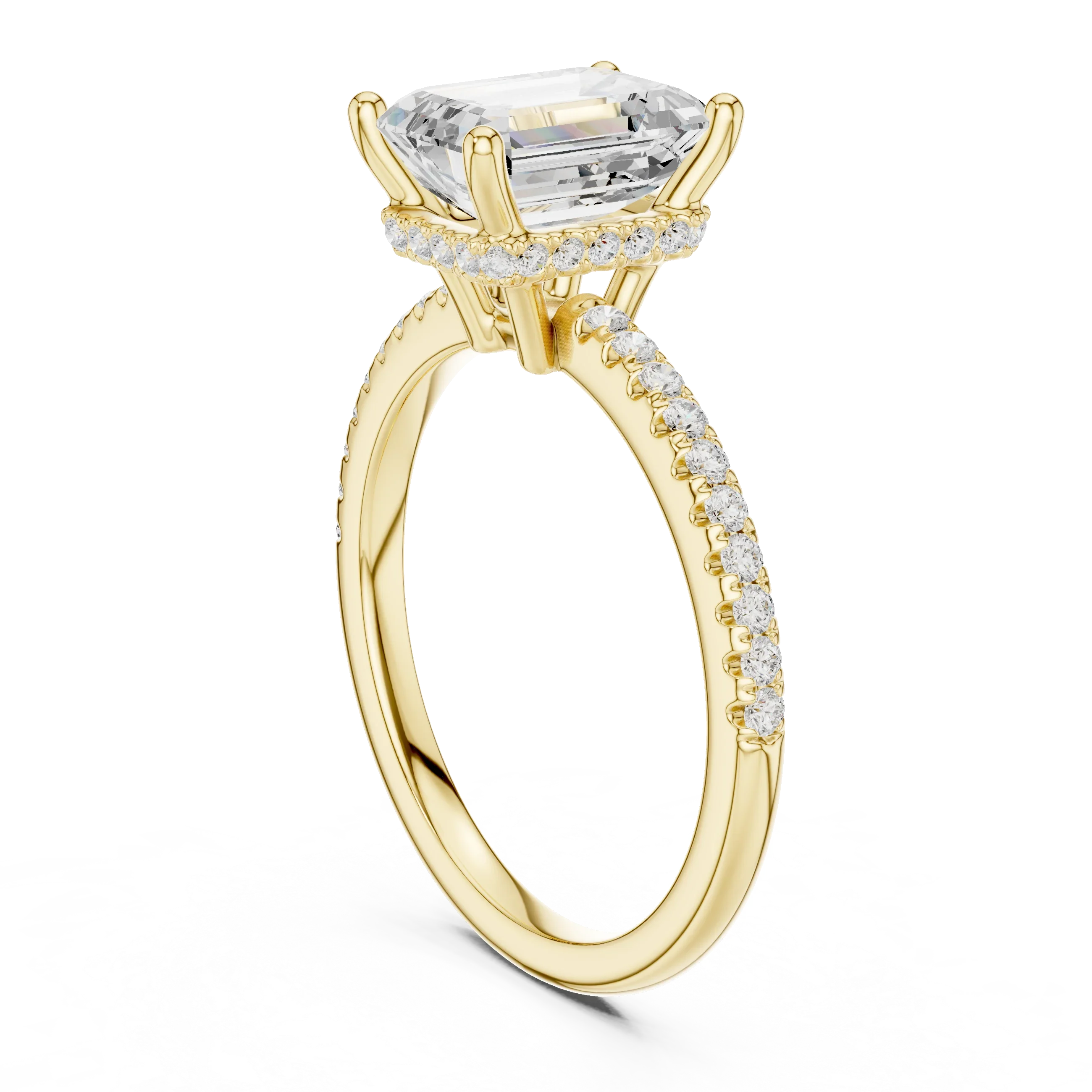 Hidden Halo Emerald Cut Diamond Engagement Ring With Pave Band