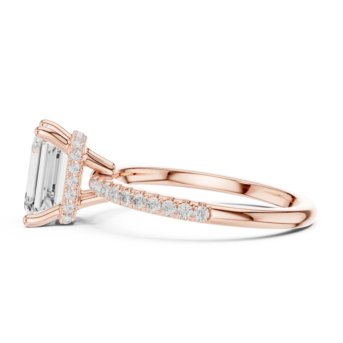 Hidden Halo Emerald Cut Diamond Engagement Ring With Pave Band