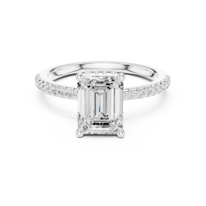 Hidden Halo Emerald Cut Diamond Engagement Ring With Pave Band