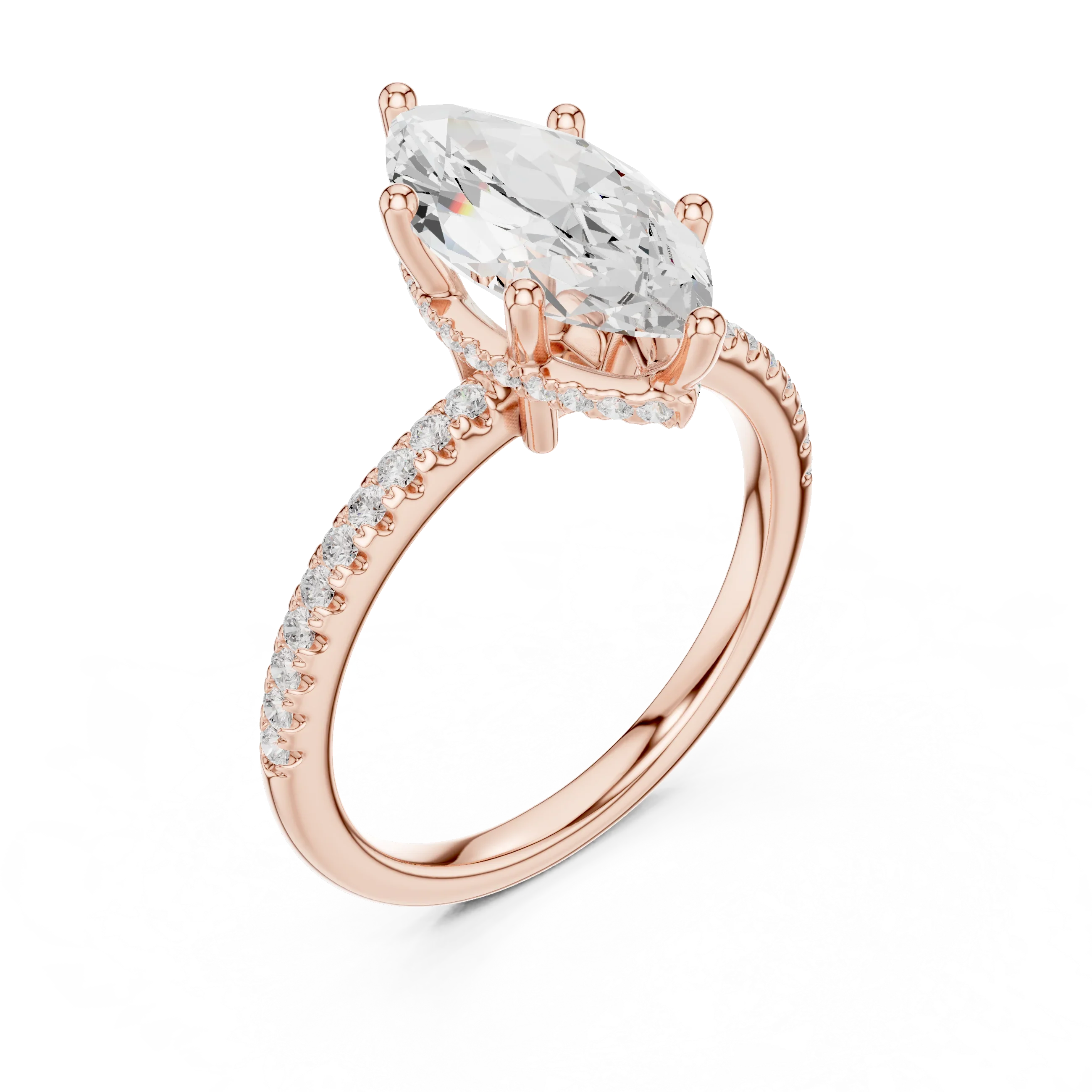 Hidden Halo Marquise Cut Diamond Engagement Ring With Pave Band