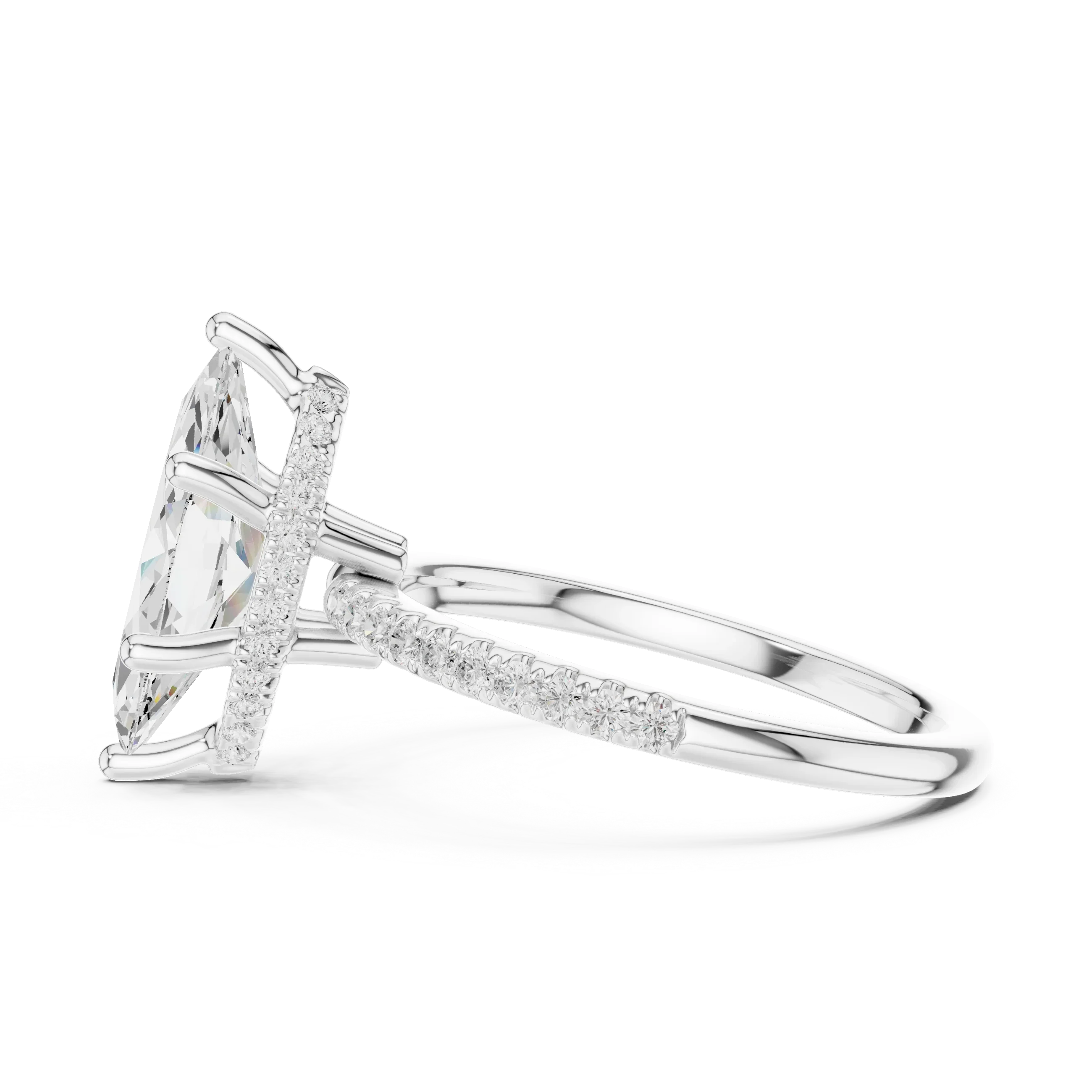 Hidden Halo Marquise Cut Diamond Engagement Ring With Pave Band