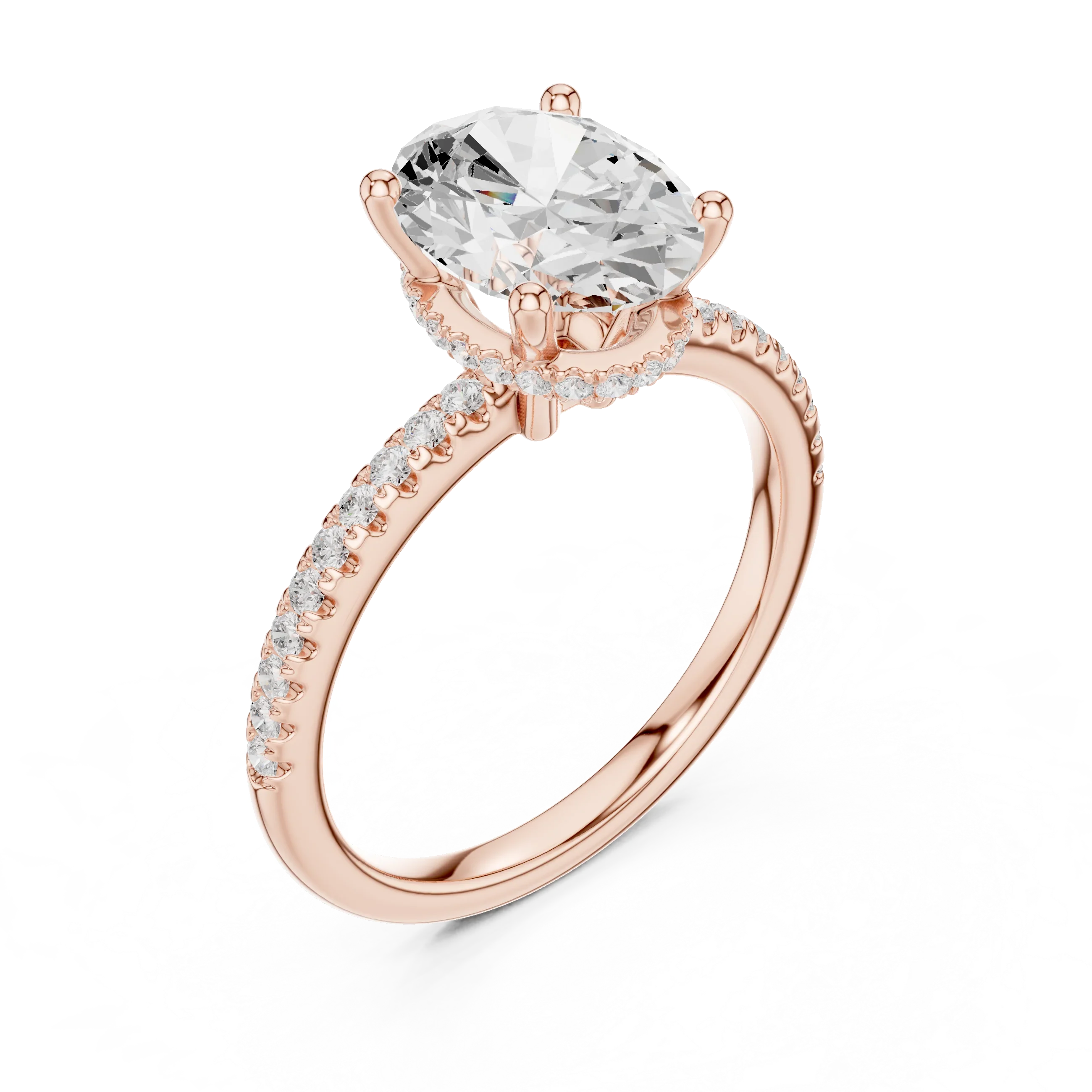 Hidden Halo Oval Cut Diamond Engagement Ring With Pave Band