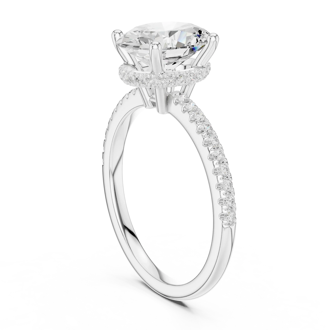 Hidden Halo Oval Cut Diamond Engagement Ring With Pave Band