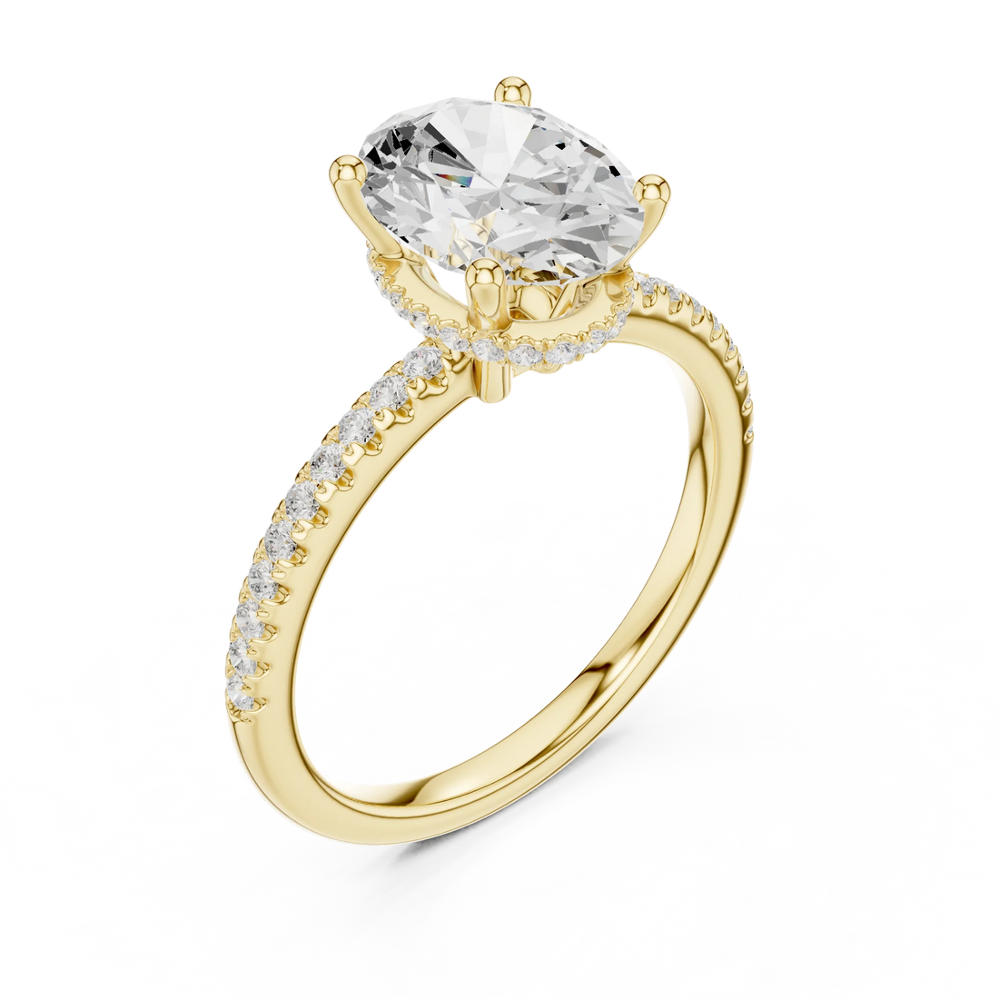 Hidden Halo Oval Cut Diamond Engagement Ring With Pave Band