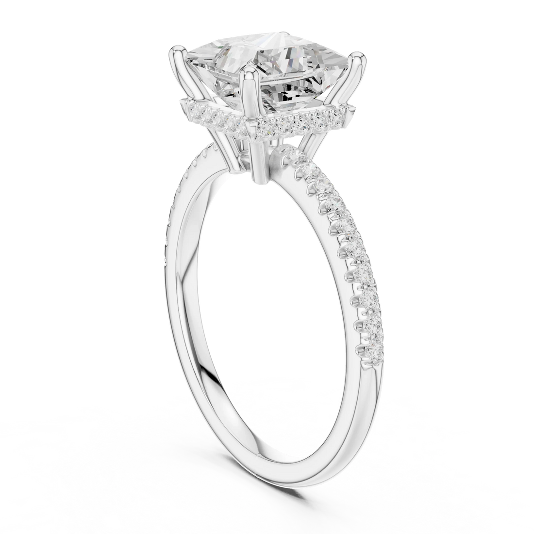 Hidden Halo Princess Cut Diamond Engagement Ring With Pave Band