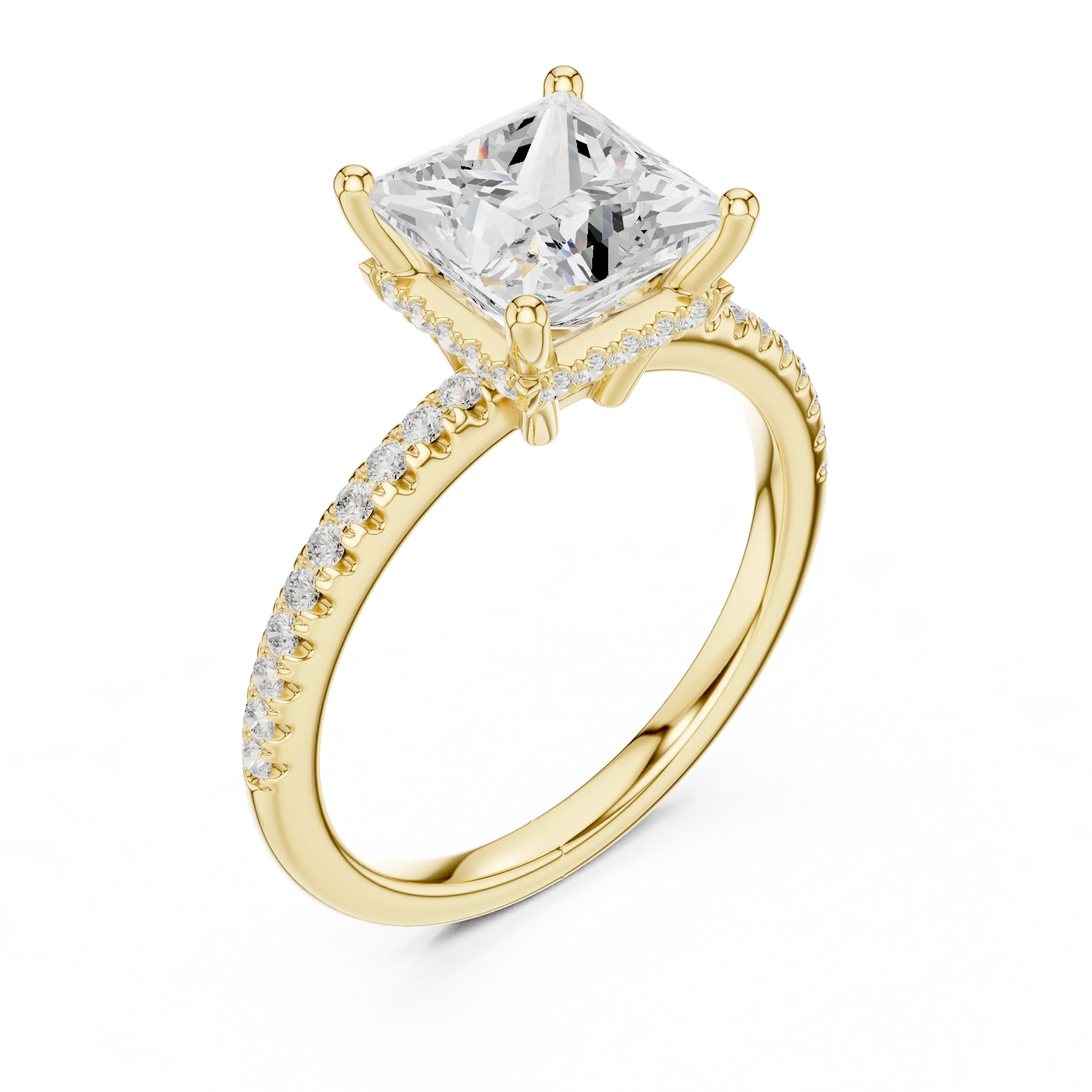 Hidden Halo Princess Cut Diamond Engagement Ring With Pave Band