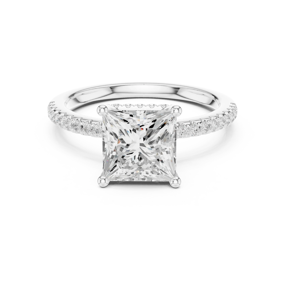 Hidden Halo Princess Cut Diamond Engagement Ring With Pave Band