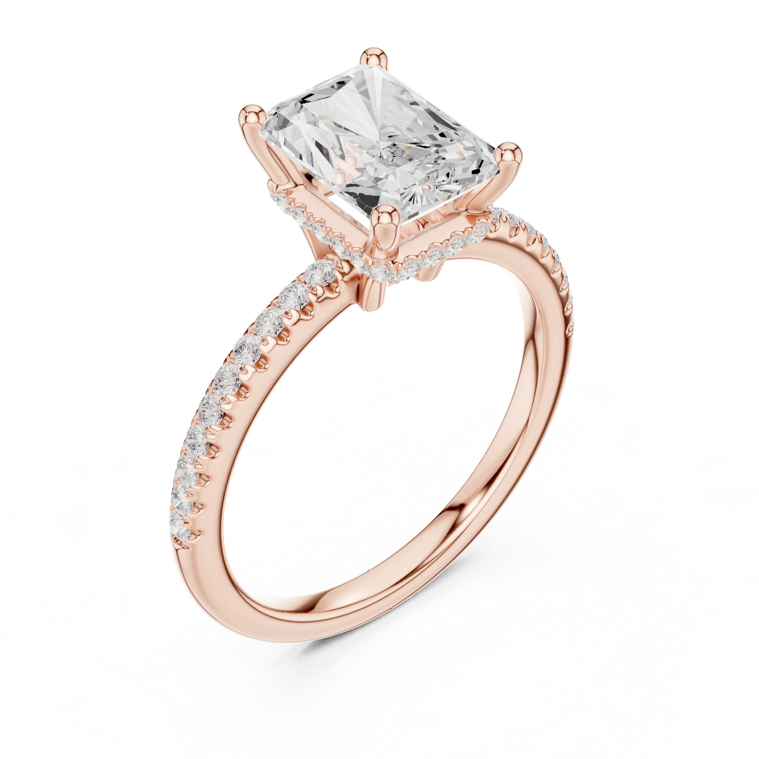 Hidden Halo Radiant Cut Diamond Engagement Ring With Pave Band