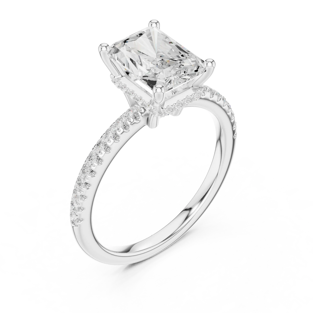 Hidden Halo Radiant Cut Diamond Engagement Ring With Pave Band