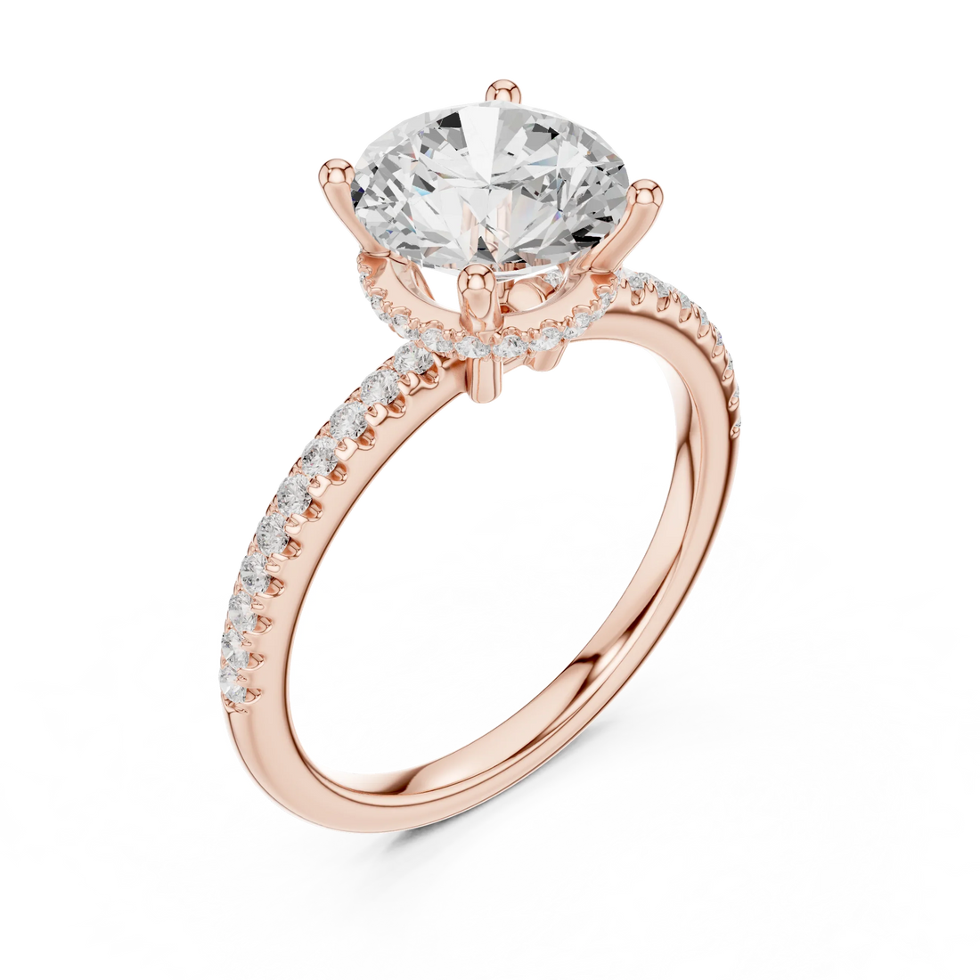 Hidden Halo Round Cut Diamond Engagement Ring With Pave Band