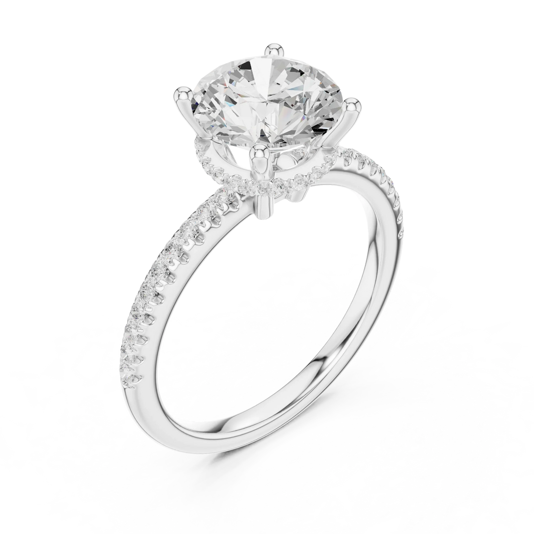 Hidden Halo Round Cut Diamond Engagement Ring With Pave Band