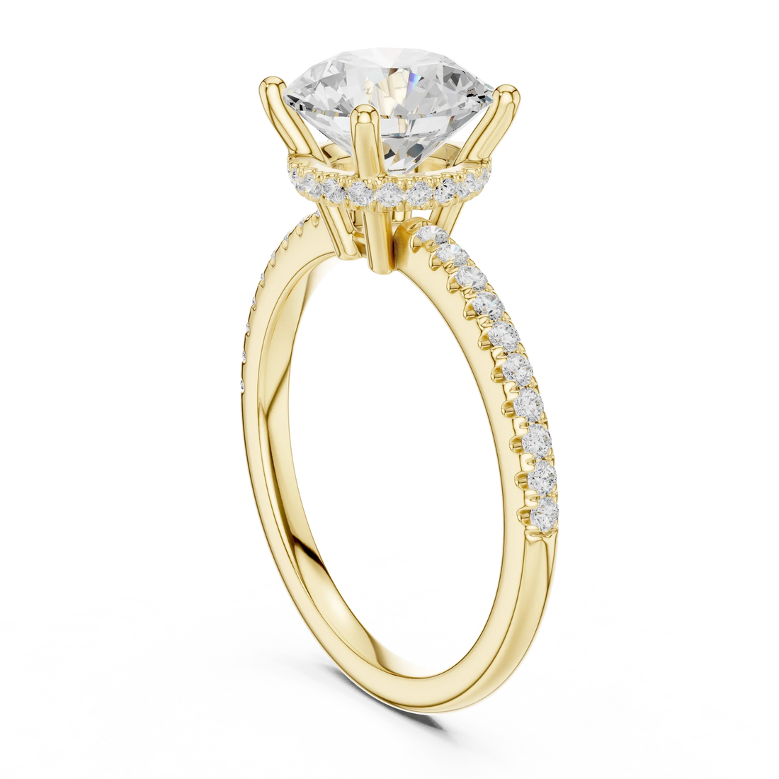 Hidden Halo Round Cut Diamond Engagement Ring With Pave Band