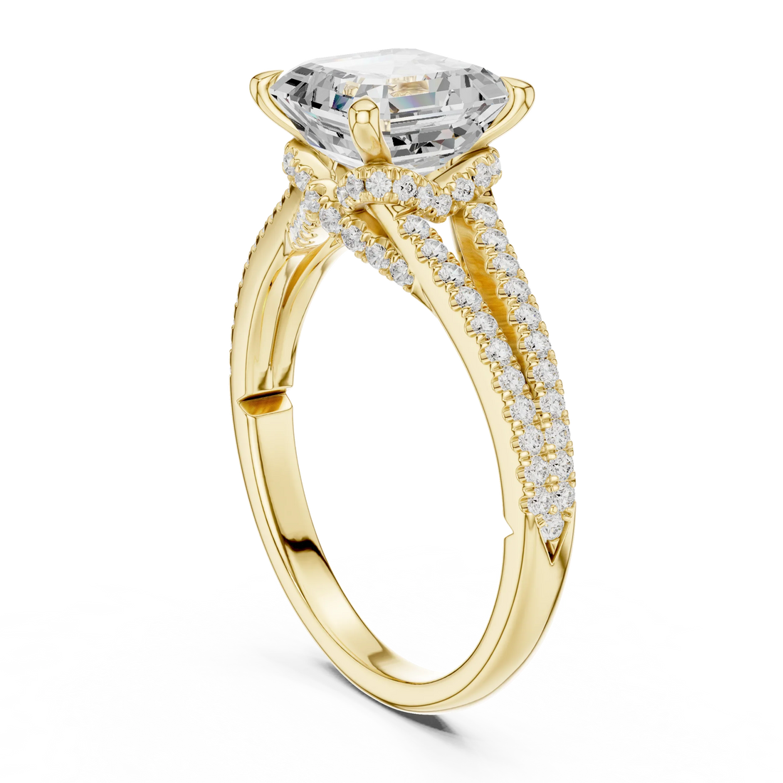 Asscher Cut Diamond Split Shank Engagement Ring with Pave Accents