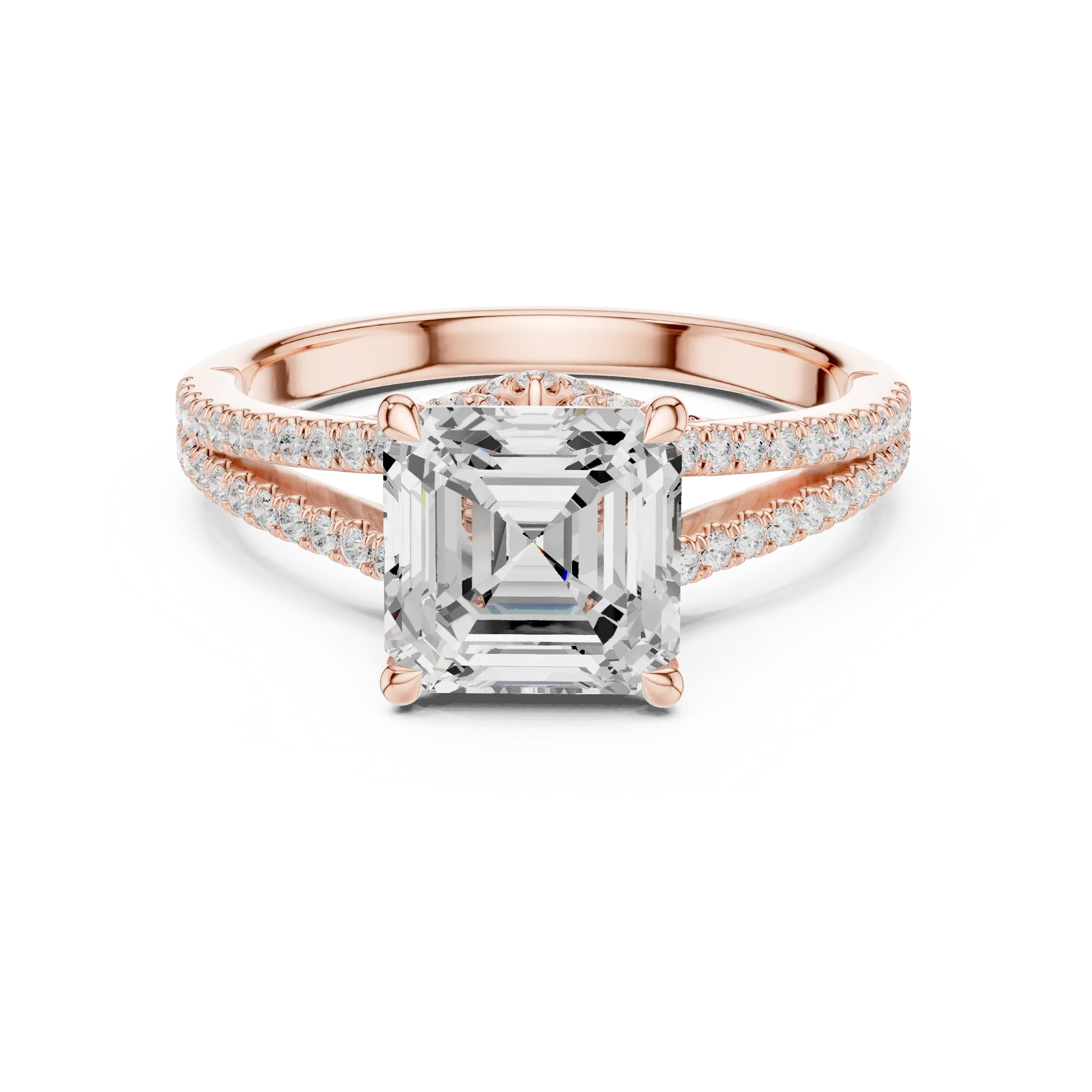 Asscher Cut Diamond Split Shank Engagement Ring with Pave Accents