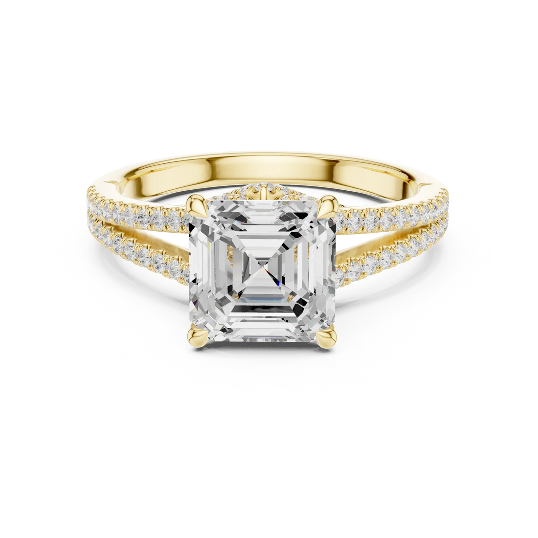 Asscher Cut Diamond Split Shank Engagement Ring with Pave Accents