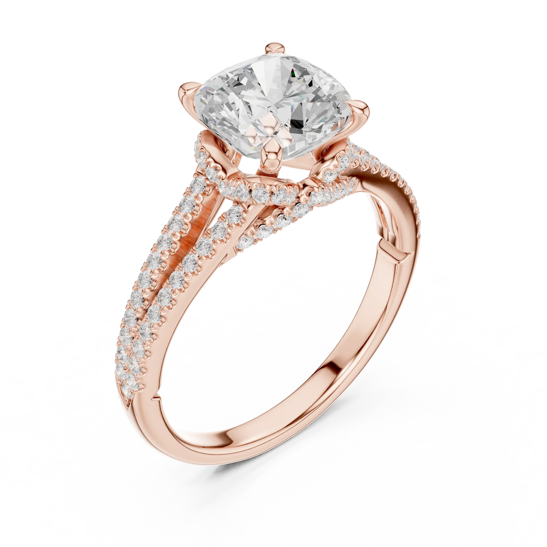 Cushion Cut Diamond Split Shank Engagement Ring with Pave Accents