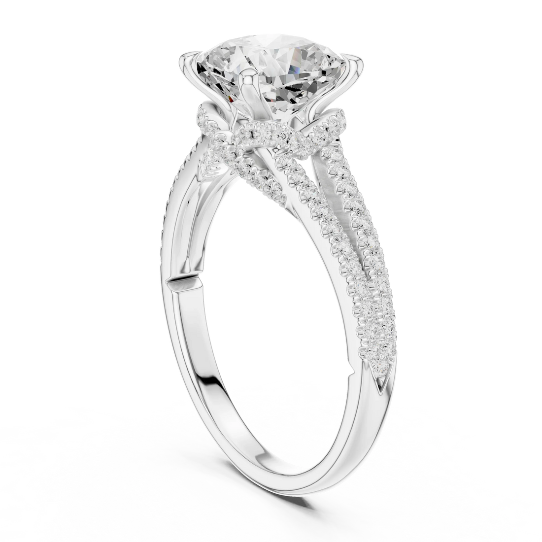 Cushion Cut Diamond Split Shank Engagement Ring with Pave Accents