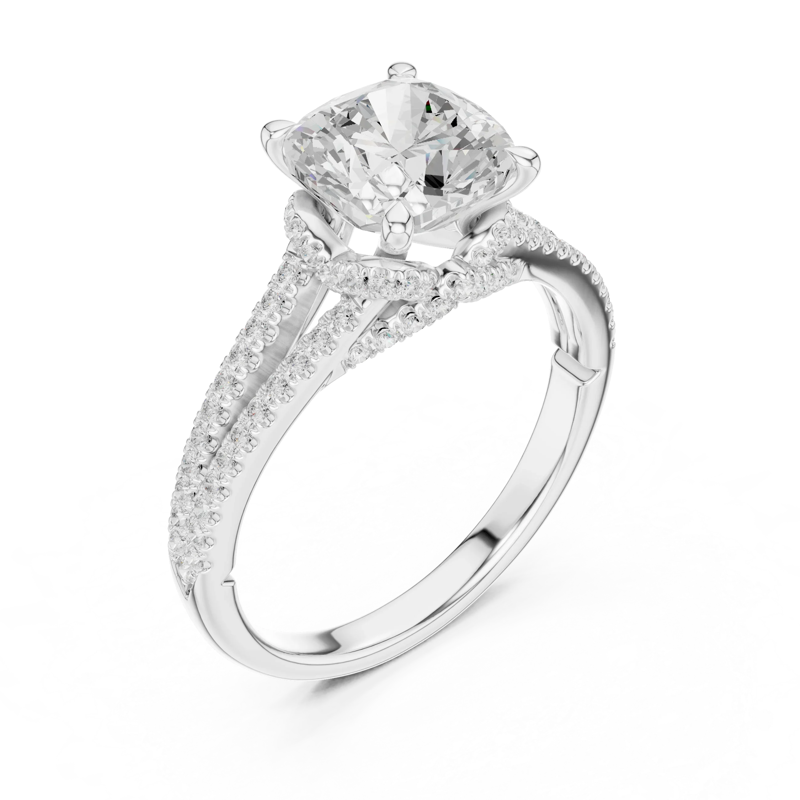 Cushion Cut Diamond Split Shank Engagement Ring with Pave Accents