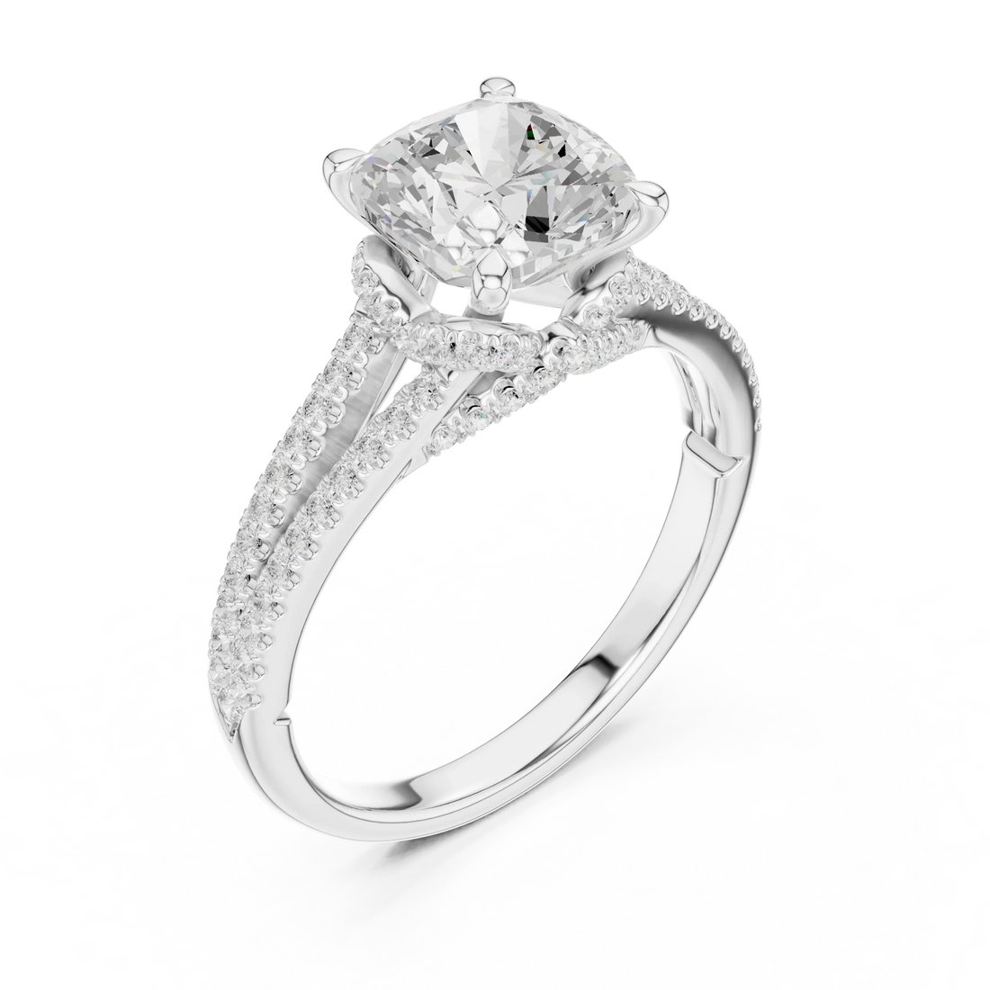 Cushion Cut Diamond Split Shank Engagement Ring with Pave Accents