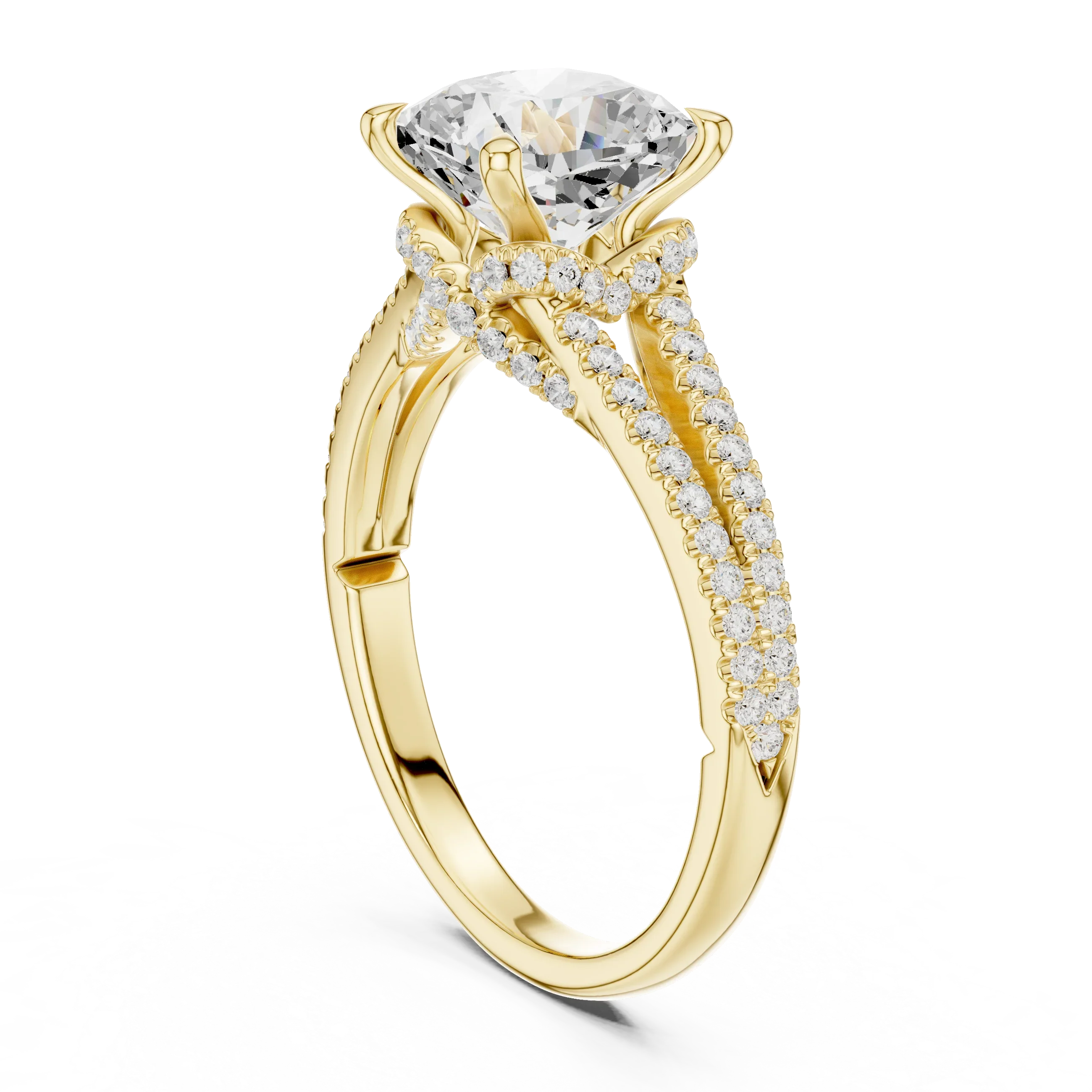 Cushion Cut Diamond Split Shank Engagement Ring with Pave Accents
