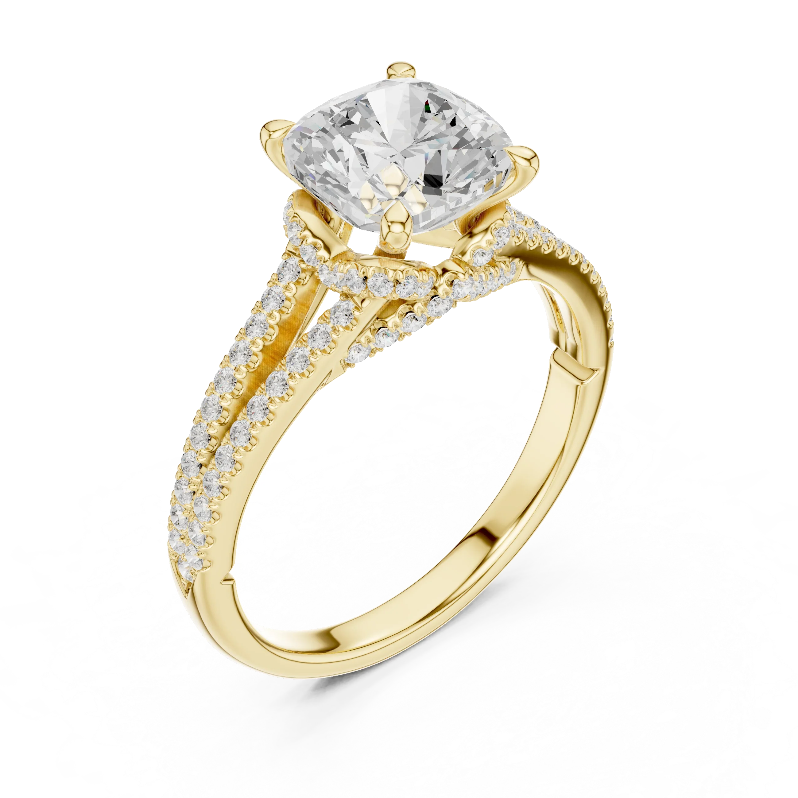 Cushion Cut Diamond Split Shank Engagement Ring with Pave Accents