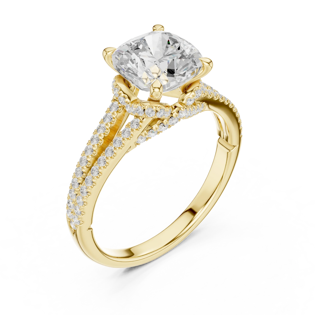 Cushion Cut Diamond Split Shank Engagement Ring with Pave Accents
