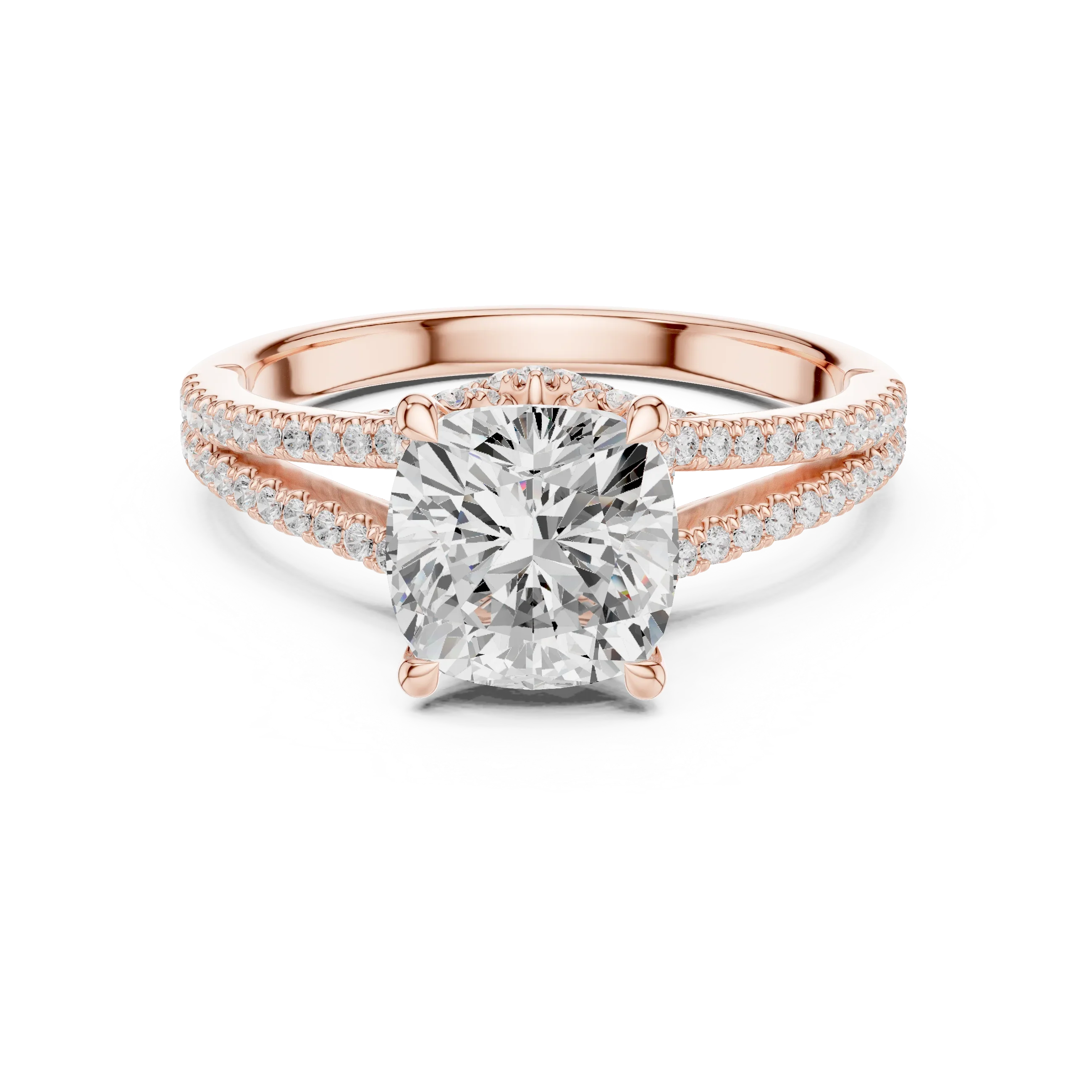 Cushion Cut Diamond Split Shank Engagement Ring with Pave Accents