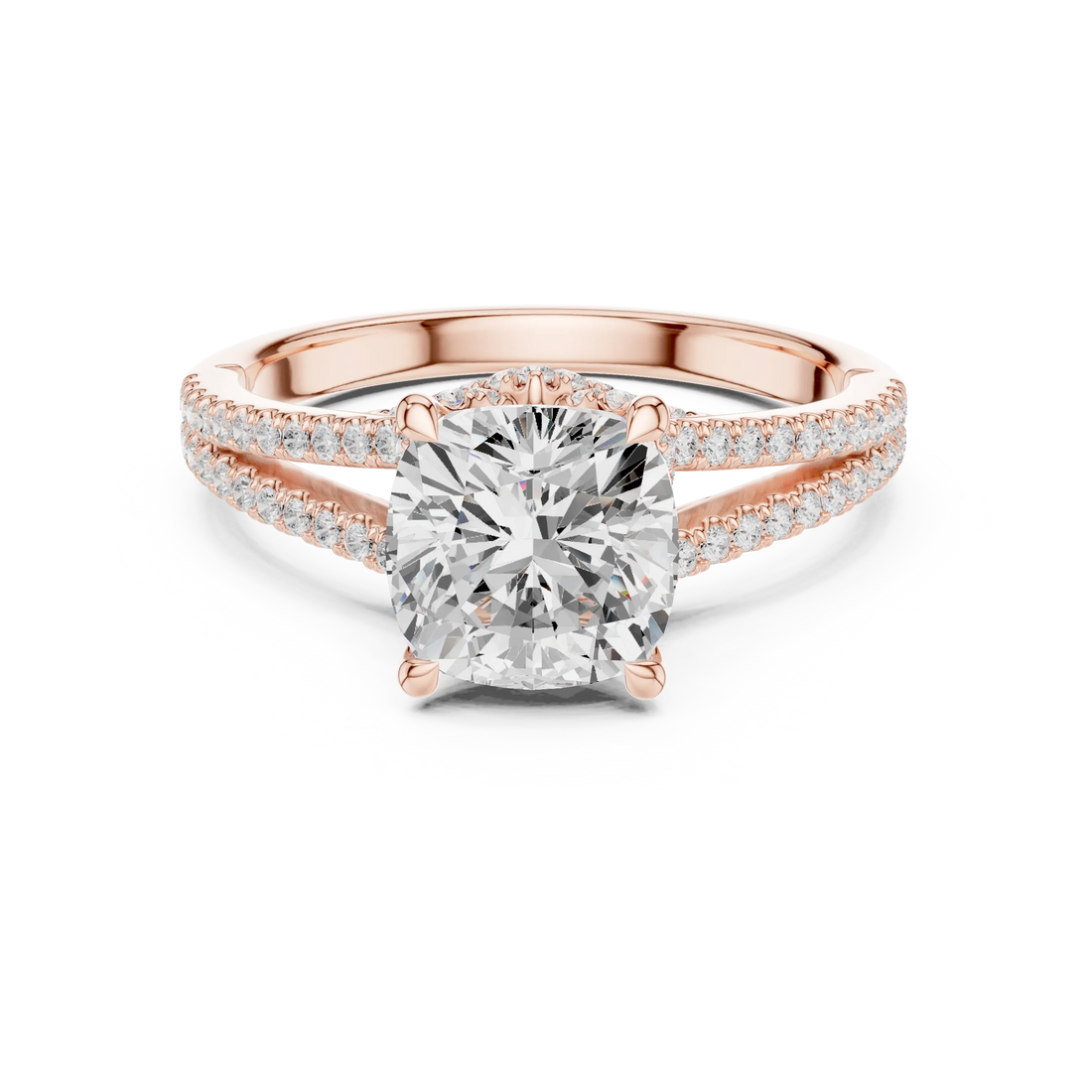 Cushion Cut Diamond Split Shank Engagement Ring with Pave Accents