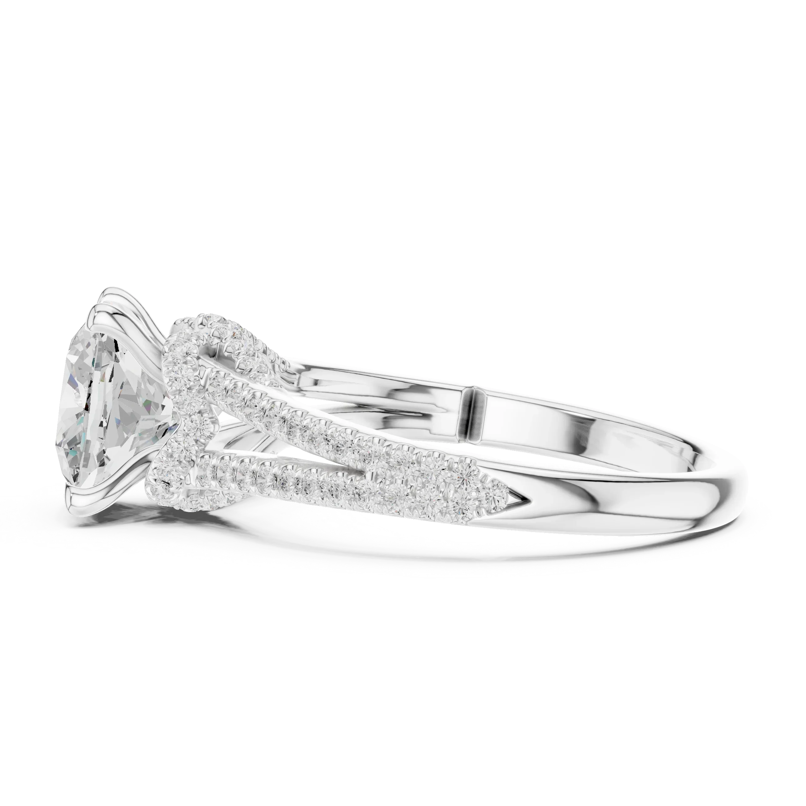 Cushion Cut Diamond Split Shank Engagement Ring with Pave Accents