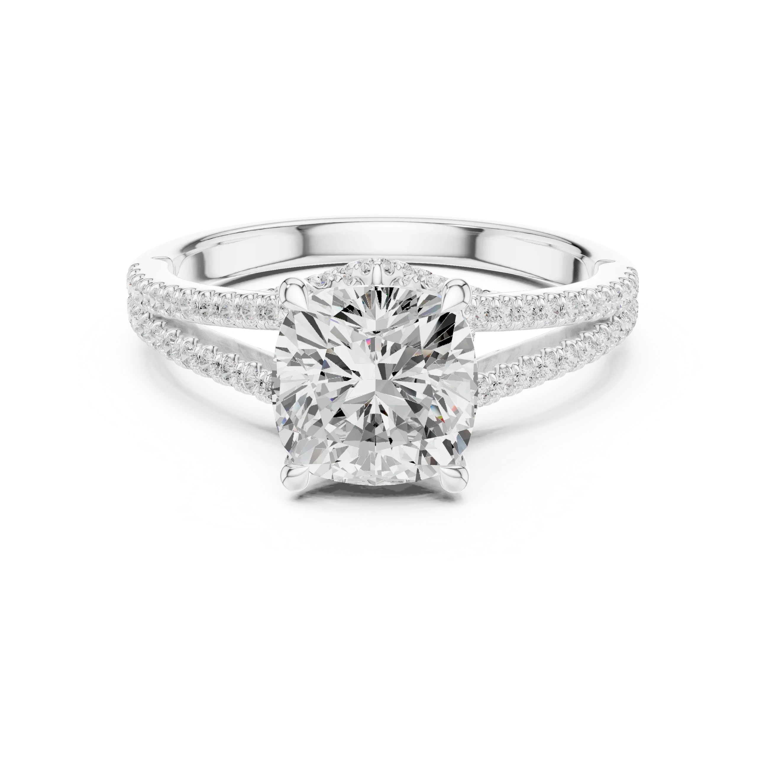 Cushion Cut Diamond Split Shank Engagement Ring with Pave Accents