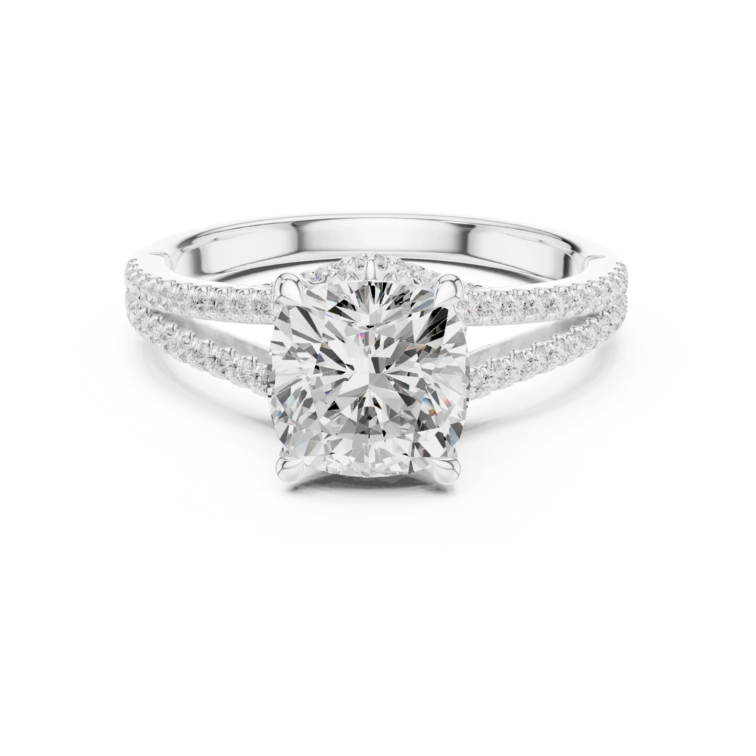 Cushion Cut Diamond Split Shank Engagement Ring with Pave Accents