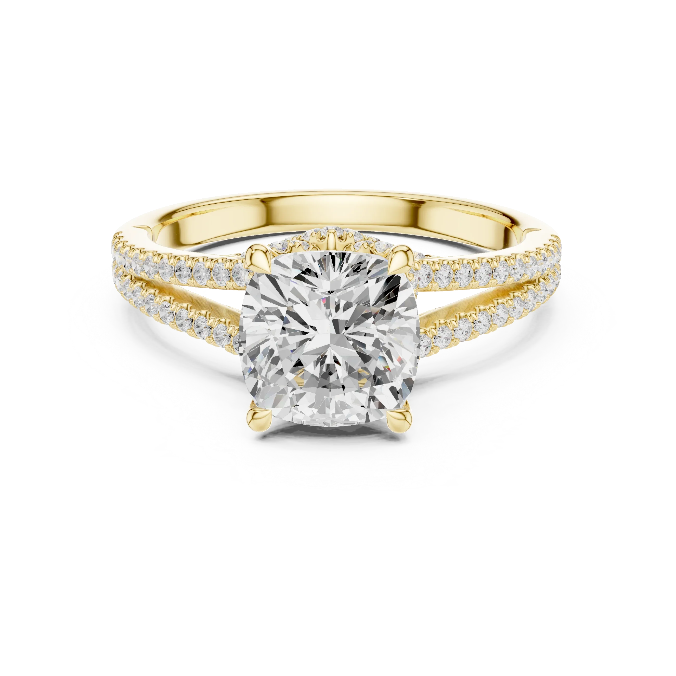 Cushion Cut Diamond Split Shank Engagement Ring with Pave Accents