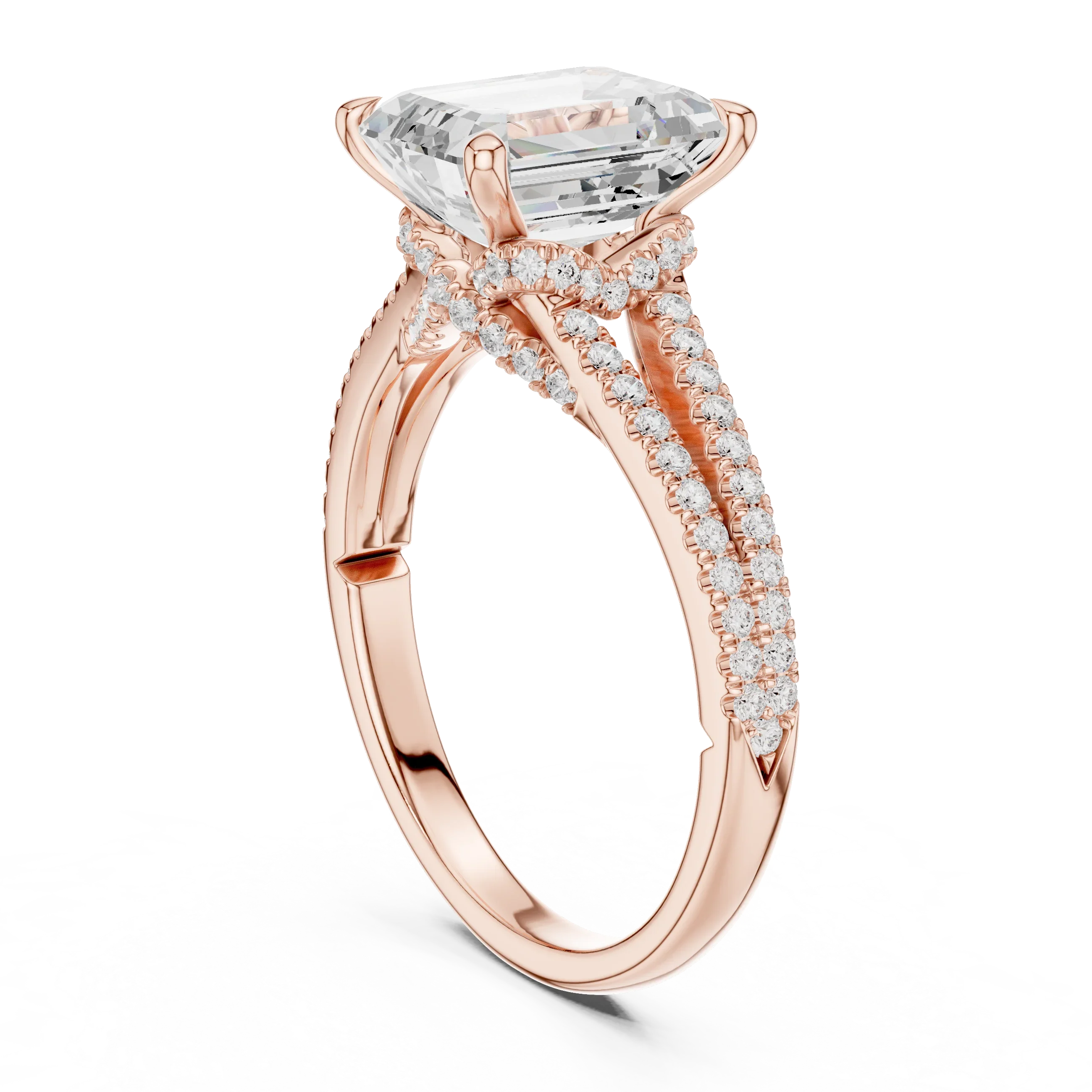 Emerald Cut Diamond Split Shank Engagement Ring with Pave Accents