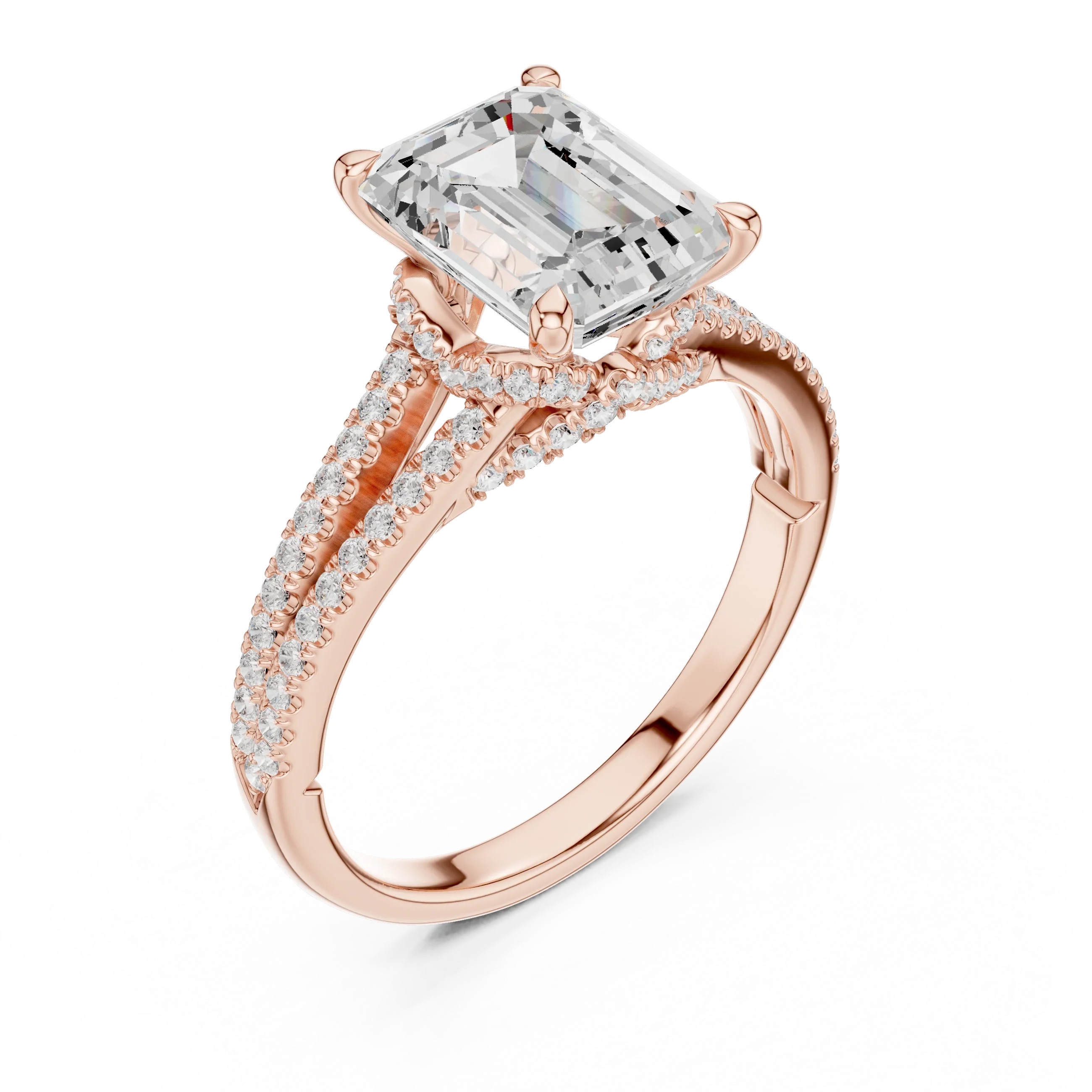 Emerald Cut Diamond Split Shank Engagement Ring with Pave Accents
