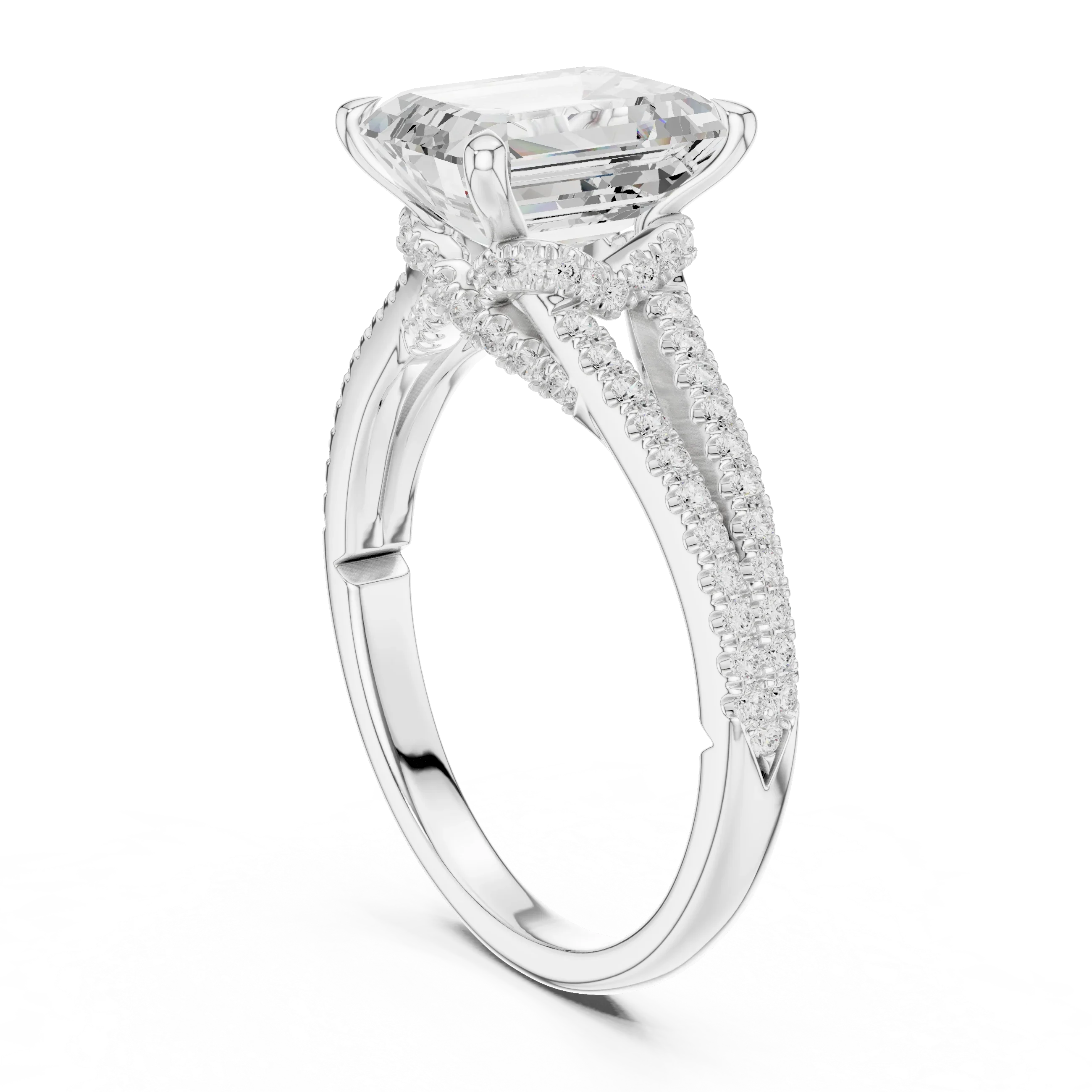 Emerald Cut Diamond Split Shank Engagement Ring with Pave Accents