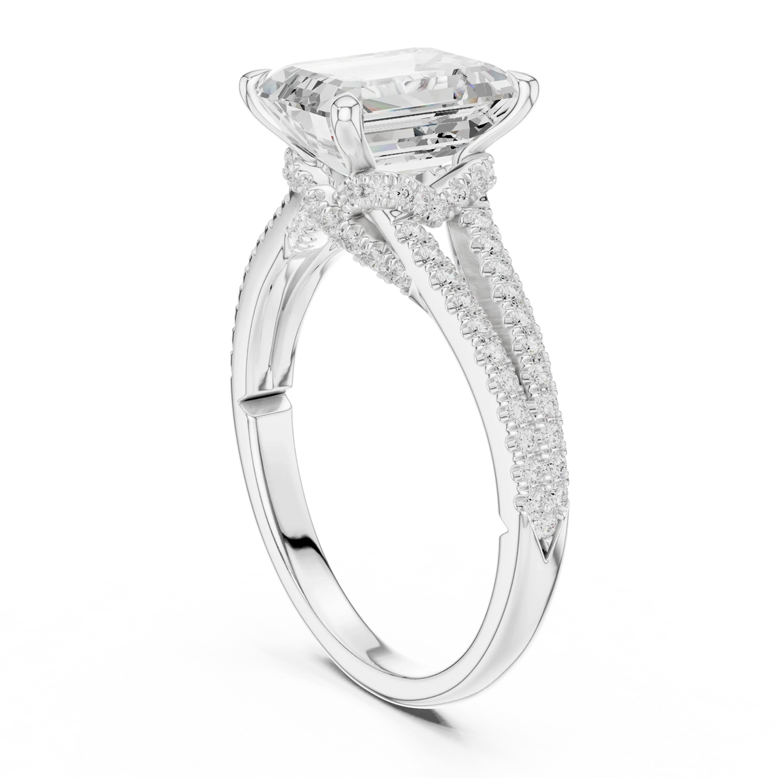 Emerald Cut Diamond Split Shank Engagement Ring with Pave Accents