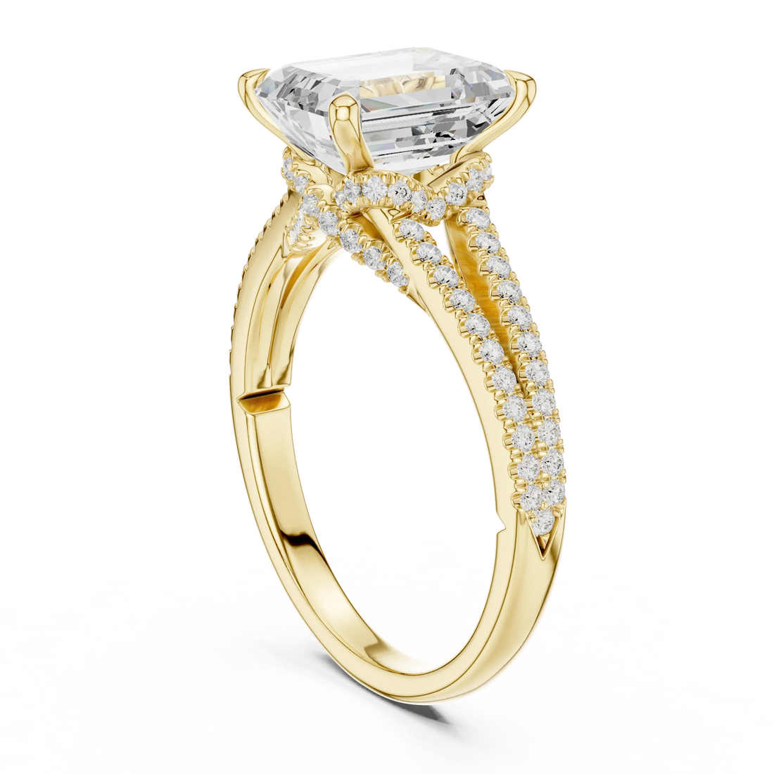 Emerald Cut Diamond Split Shank Engagement Ring with Pave Accents