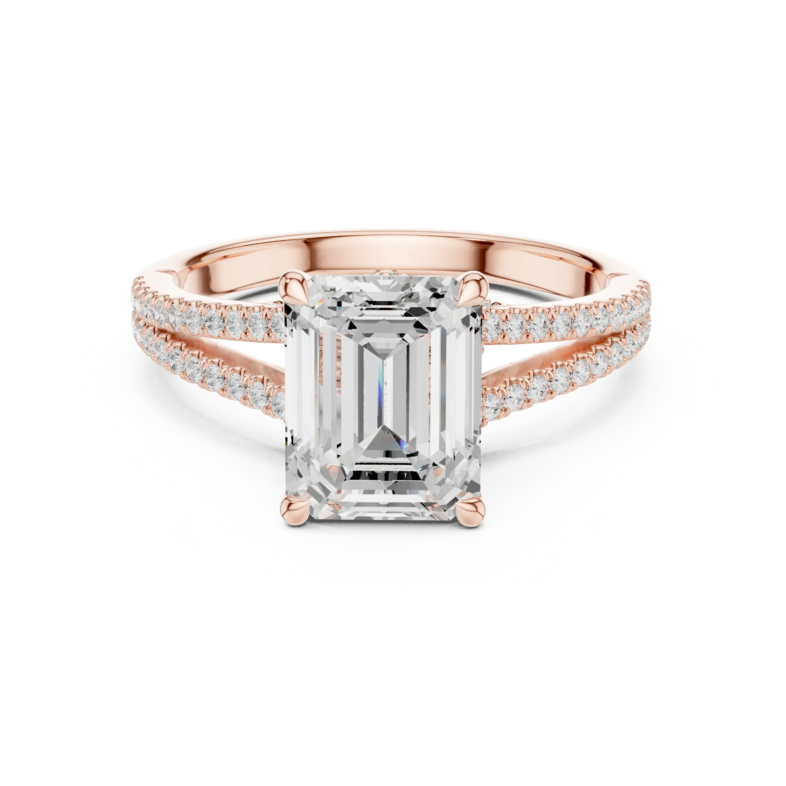 Emerald Cut Diamond Split Shank Engagement Ring with Pave Accents