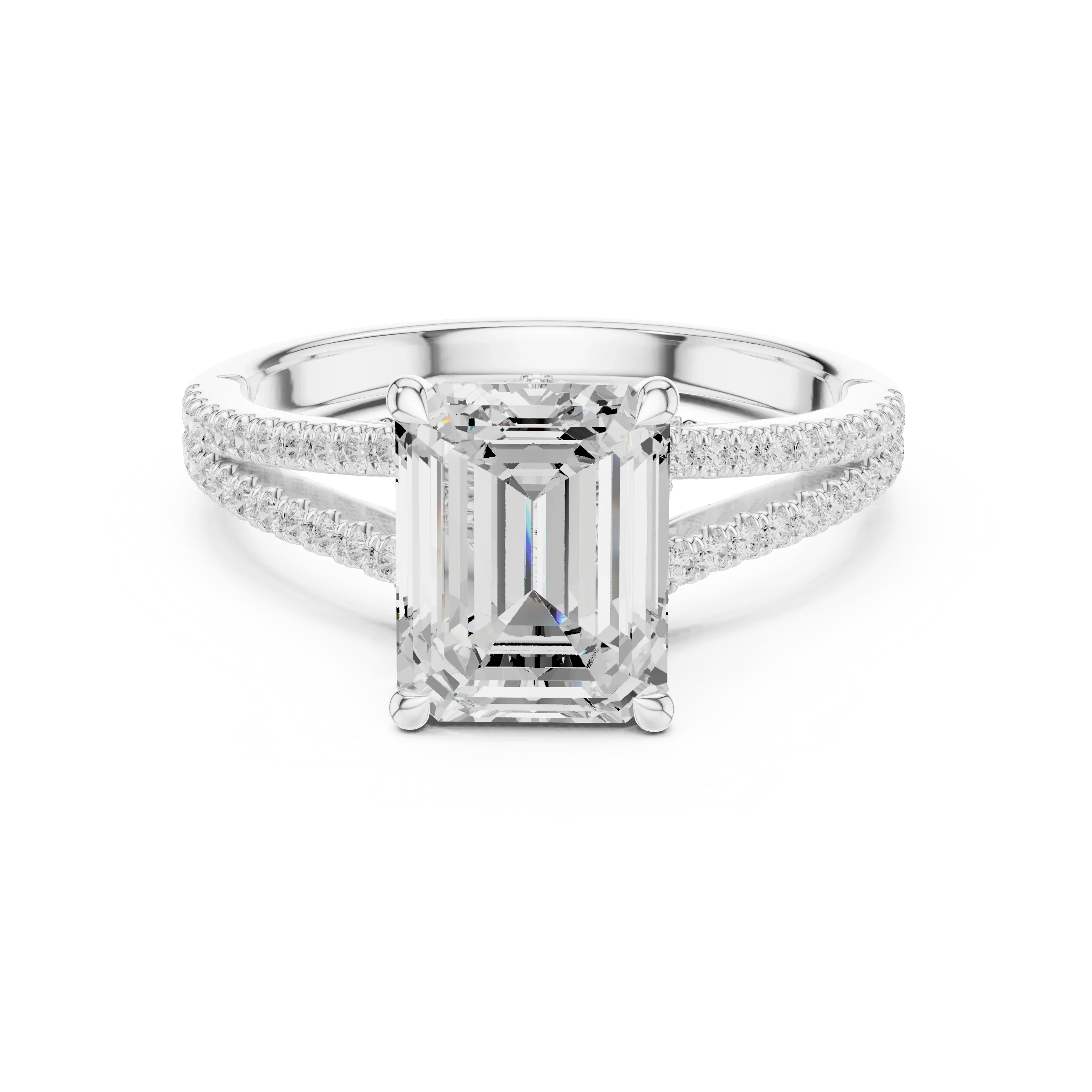 Emerald Cut Diamond Split Shank Engagement Ring with Pave Accents