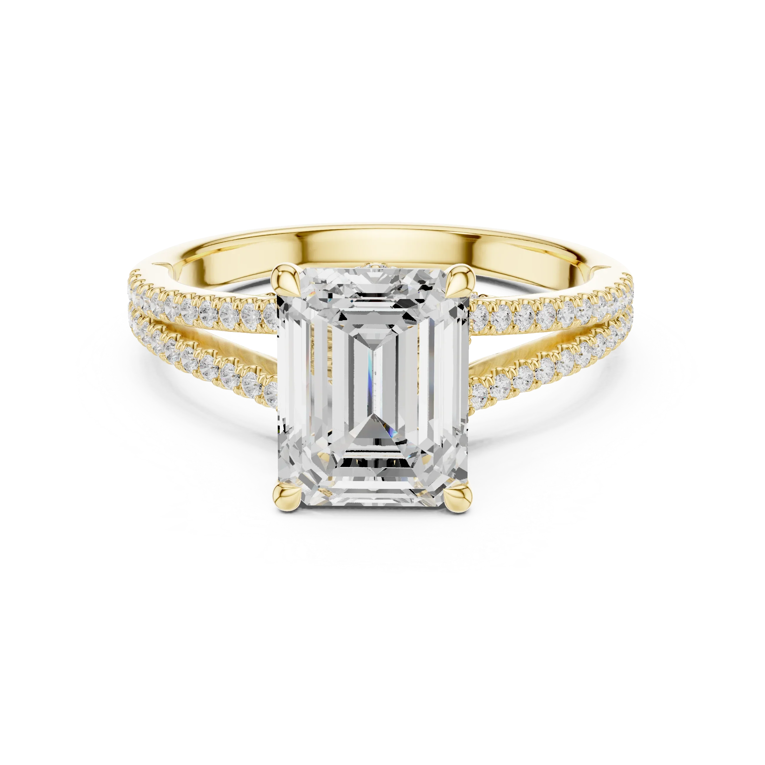 Emerald Cut Diamond Split Shank Engagement Ring with Pave Accents