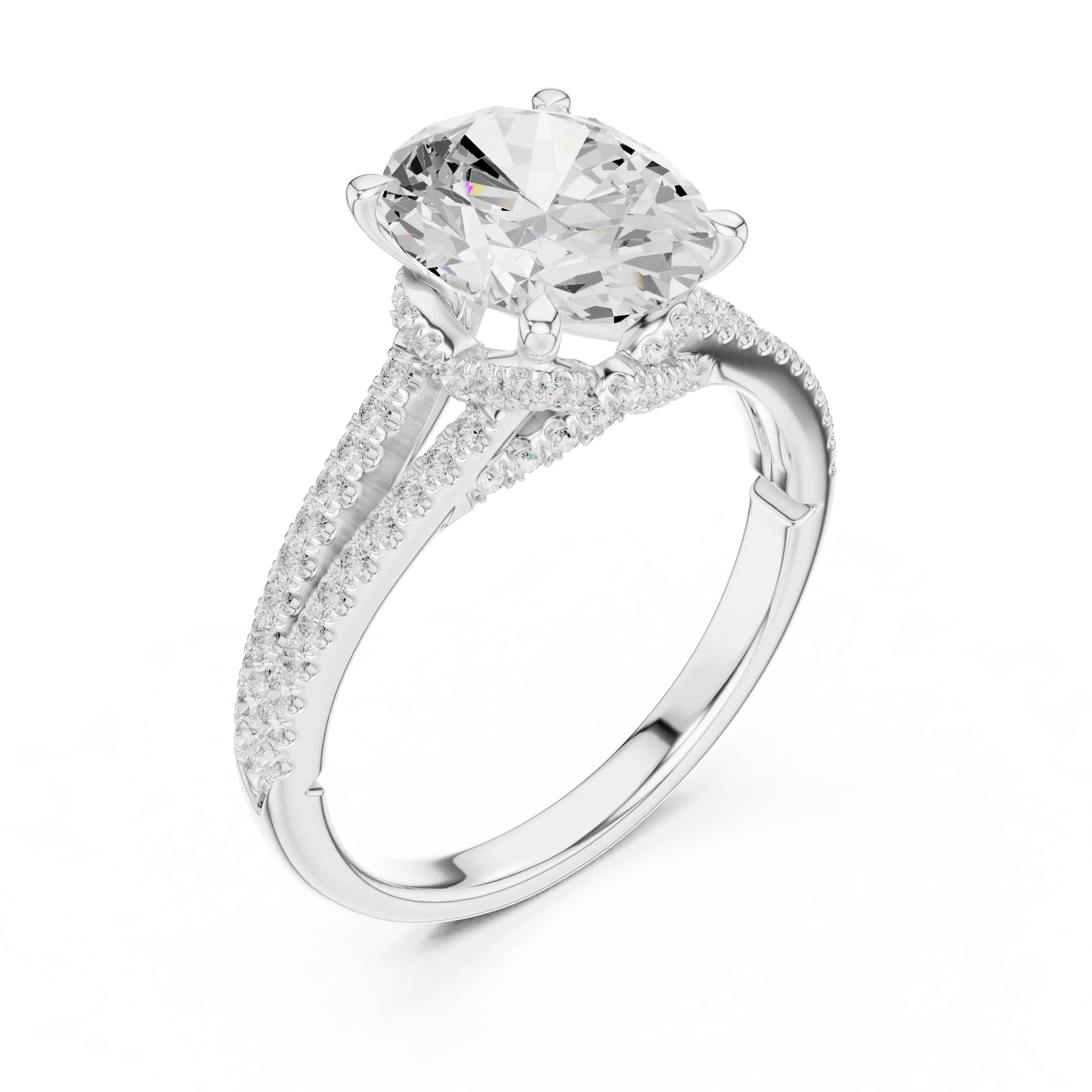 Oval Cut Diamond Split Shank Engagement Ring with Pave Accents