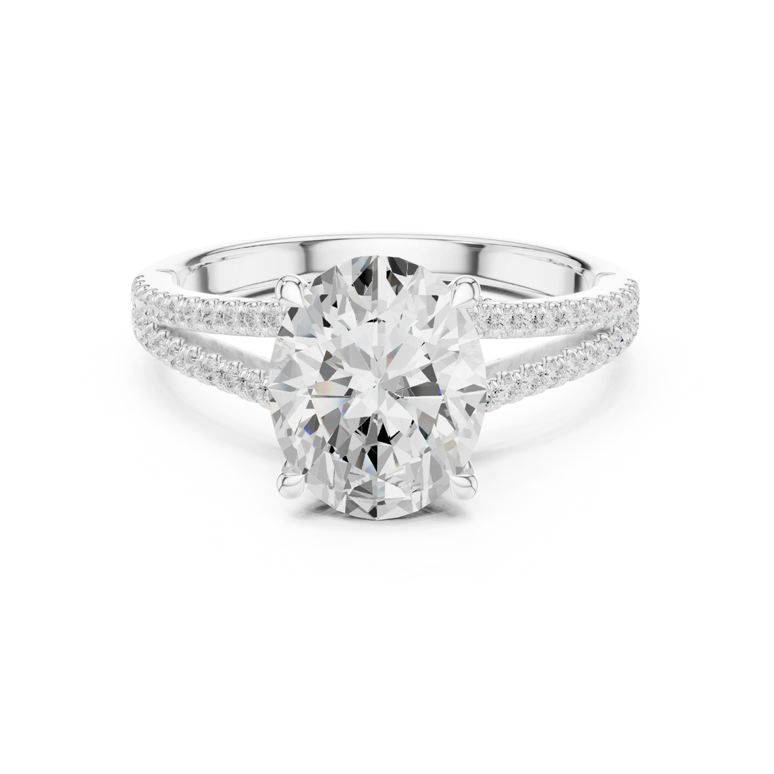 Oval Cut Diamond Split Shank Engagement Ring with Pave Accents